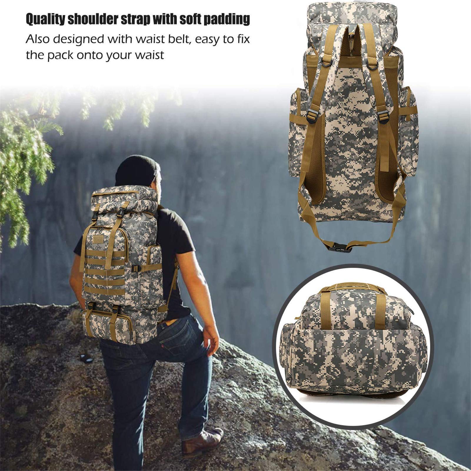 Wodoodporny plecak alpinistyczny 80 l, wielofunkcyjny plecak taktyczny do wspinaczki, wędrówek, biwakowania, Molle Design do sportów na świeżym powietrzu, Miejski kamuflaż