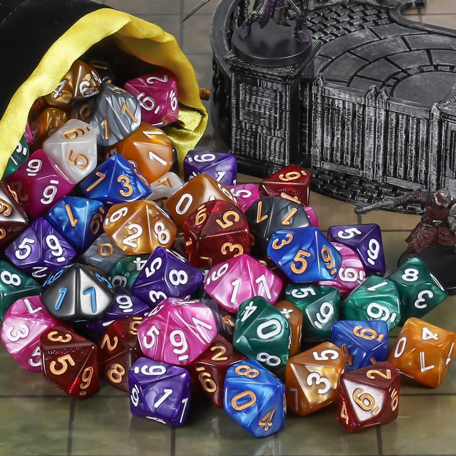 YILAIDA Lot de 100 dés polyédriques avec sac noir, dés de jeu de table pour donjons et dragons Pathfinder DND RPG MTG (10 côtés)