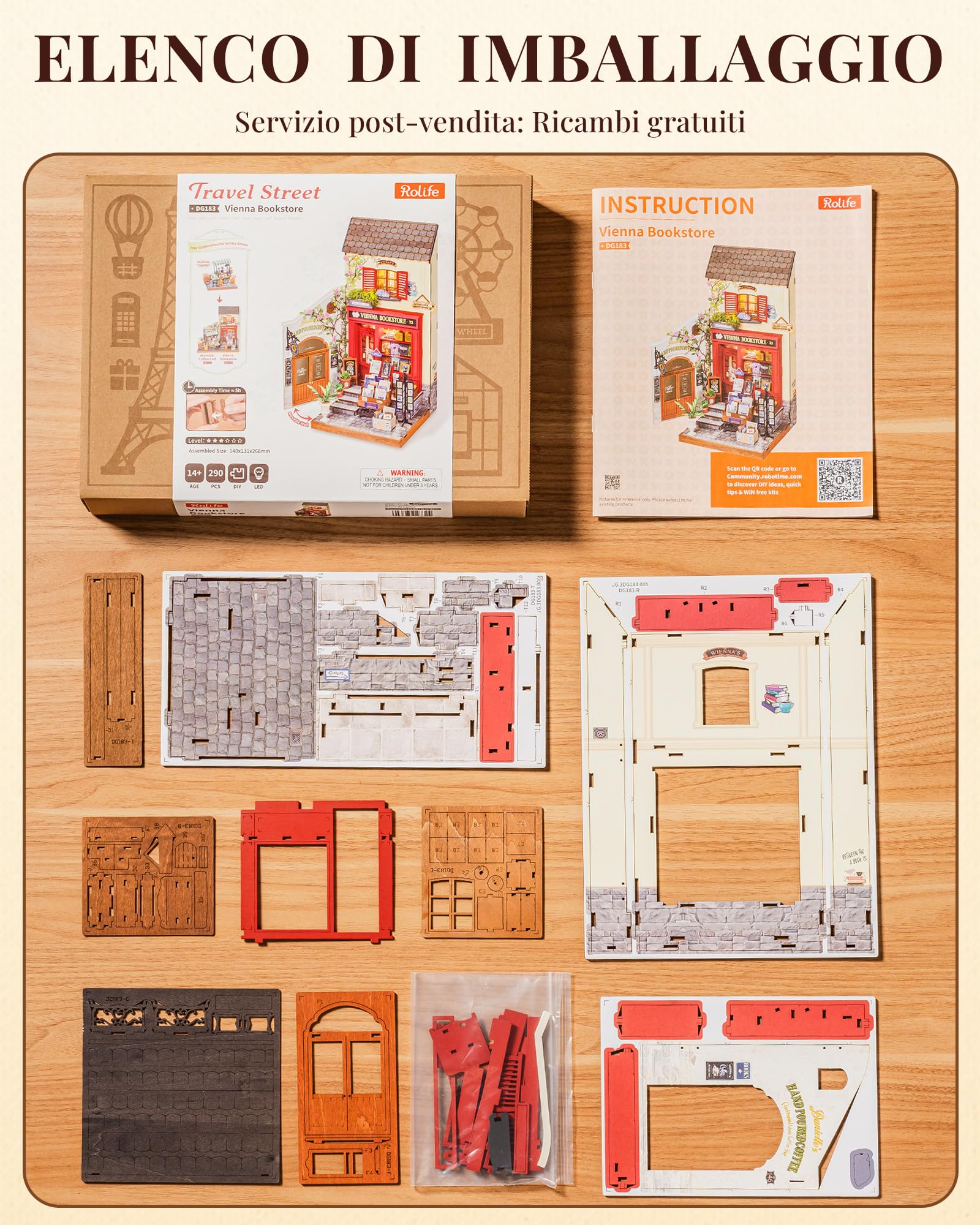 Rolife Miniature Casa Libreria Vienna, 290 pezzi Kit Casa in Miniatura DIY, Modellismo da Costruire Adulti Casa delle Bambole in Legno Puzzle 3D Nessun collante necessario