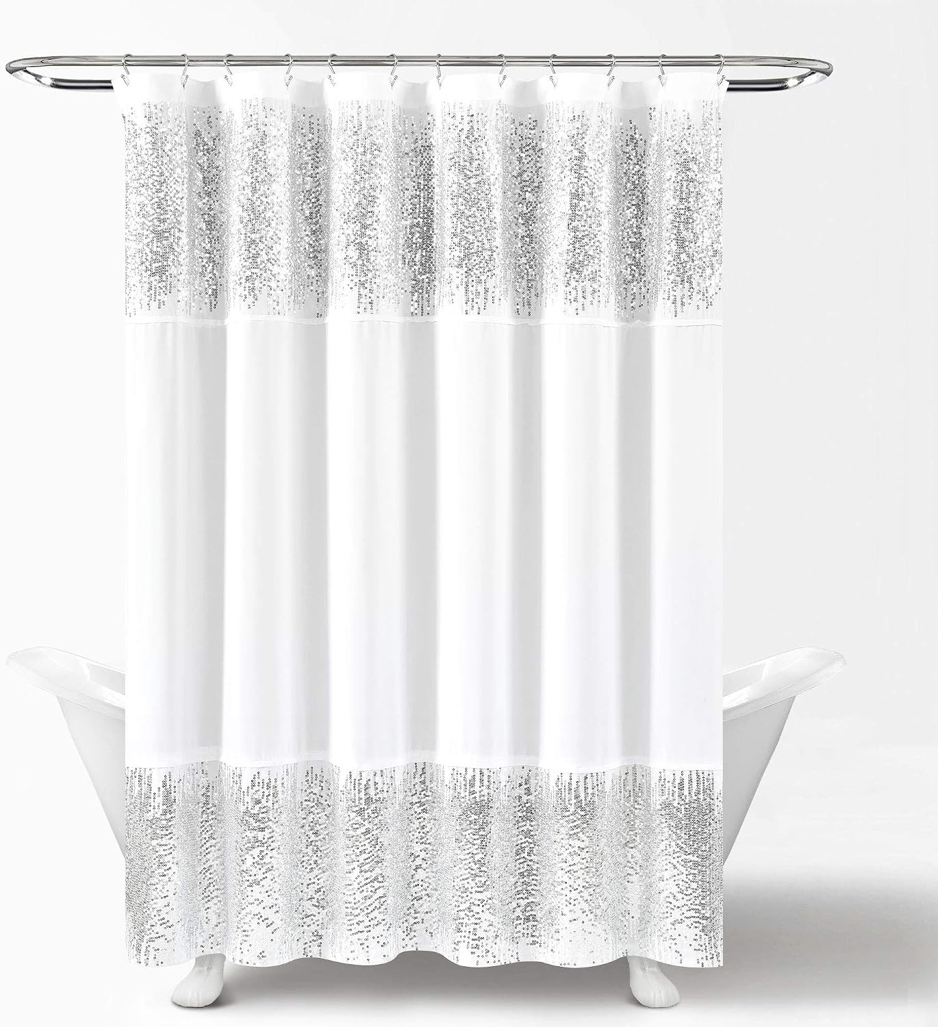 Lush Decor 1 Shimmer Sequins Shower Curtain | Chic Sparkle Design for Bathroom, 70” x 72”, Silver and White, 70" x 72"