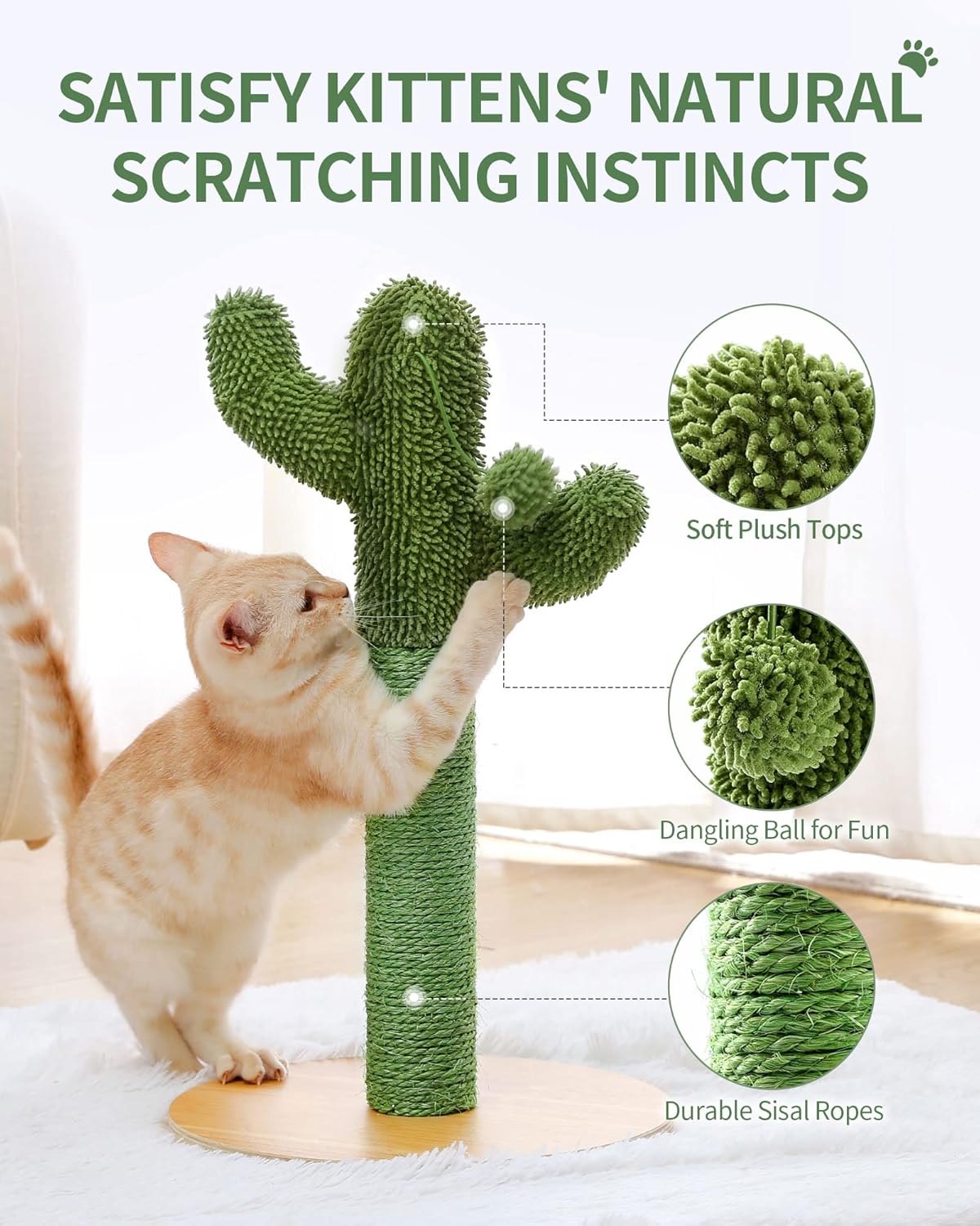 Made4Pets Cat Scratching Post, Cactus Cat Scratcher Kitten Scratching Post with Natural Sisal Rope for Indoor Cats Claw Scratcher, Vertical Green Cat Tree with Dangling Balls for Small Cats Kittens : Pet Supplies