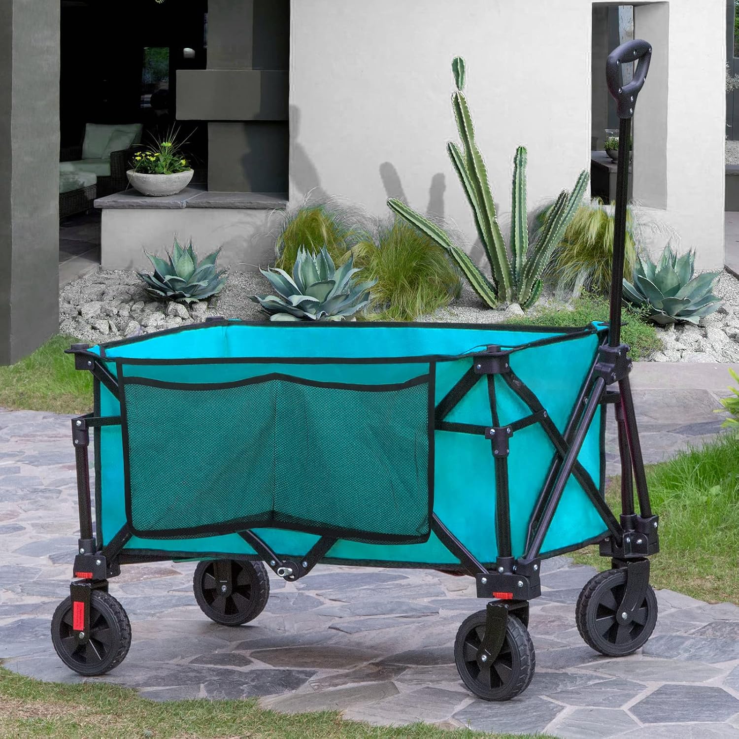Joyside Folding Collapsible Wagon for Outdoor Utility, 220LBS Weight Capacity Portable All Terrain Wagon with Universal Wheels, Patio Garden Cart with Adjustable Pull Handle, Aqua Blue