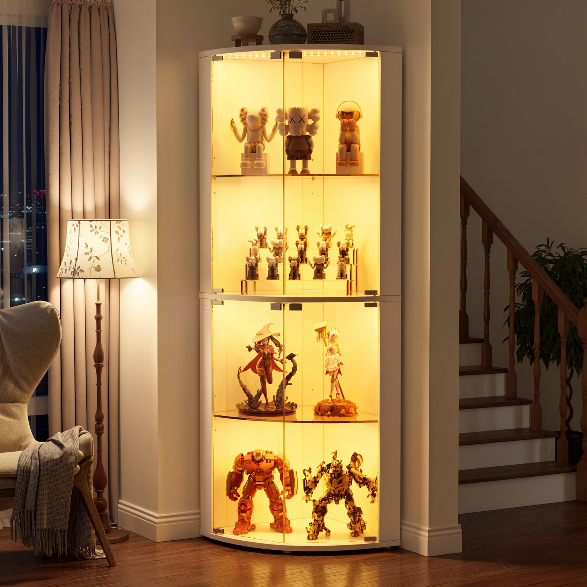 Vitrina de Cristal, Vitrina expositora, Armario de colección Moderno de 4 Capas con Puerta, Mueble Vitrina de Cristal con LED, para Dormitorio, Sala de Estar, 159 x 48 x 48 cm, Blanco