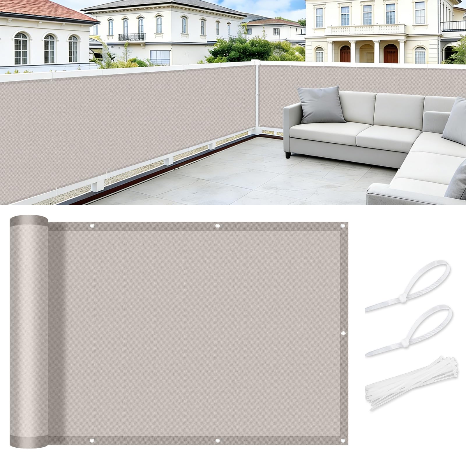 COOL AREA Balkon Sichtschutz 90x800cm Wetterfest Balkonverkleidung Balkonabdeckung sichtschutz Blickdichte Windschutz und UV-Schutz Schutz mit Kabelbinder,Taupe