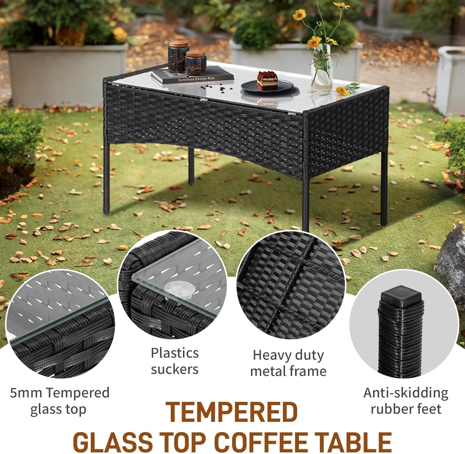 4 Pieces Patio Furniture Set Rattan Conversation Sets with Loveseat Soft Cushion and Glass Table Outdoor Furniture Sets for Garden Backyard Balcony Porch Poolside(Black)