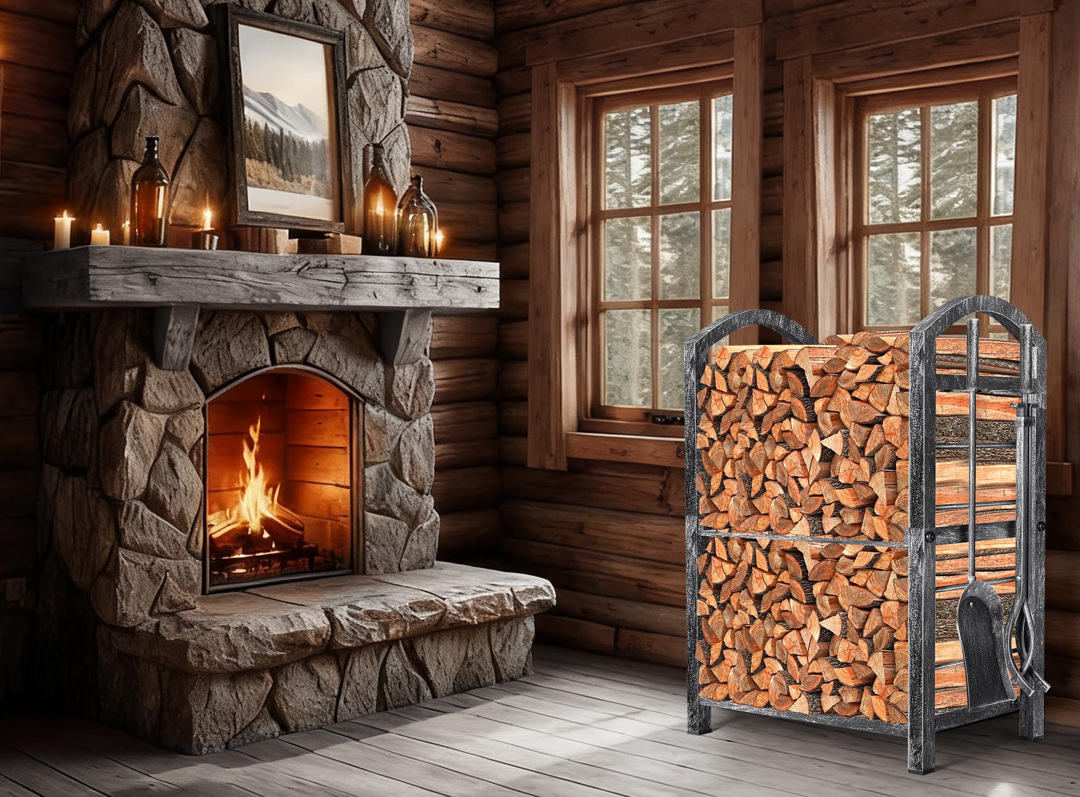 Porte Bûches Cheminée Avec 4 Outils 78x29x36cm - Amagabeli Grand Support Bois Chauffage Intérieur Extérieur Noir