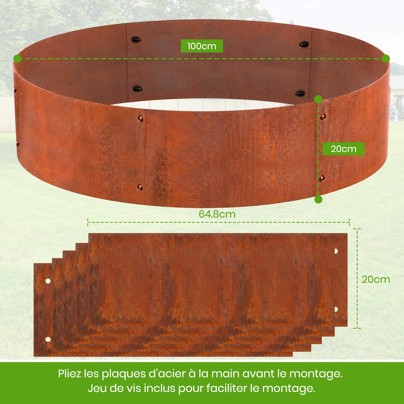Corten Steel Garden Edging for Trees Diameter 100 cm Height 20 cm Round Metal Lawn Edging Easy Assembly