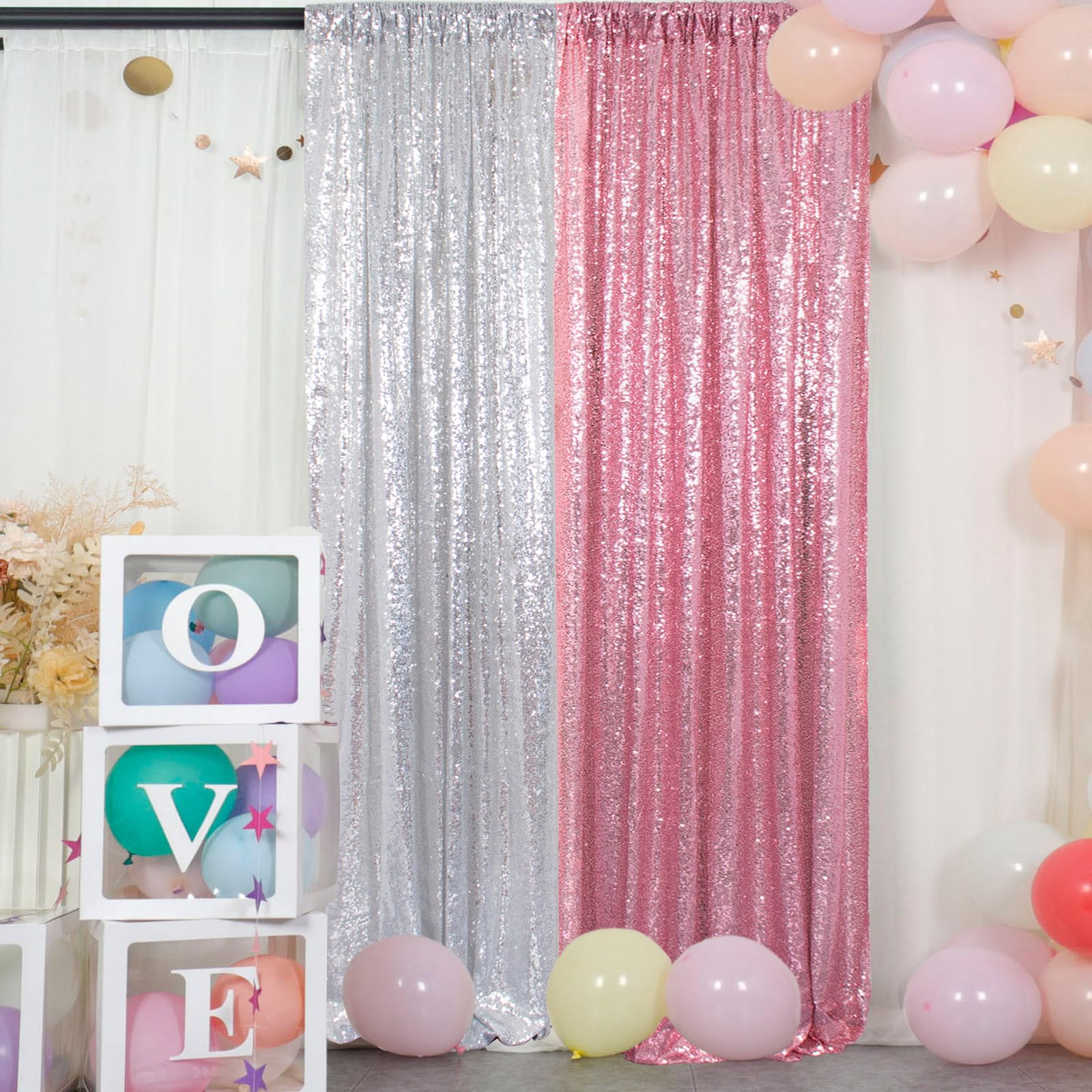 Rideaux à Paillettes Roses 2 Pièces 1x2 M - Déco Fête Anniversaire, Mariage, Noël - Effet Brillant Avec Pompons
