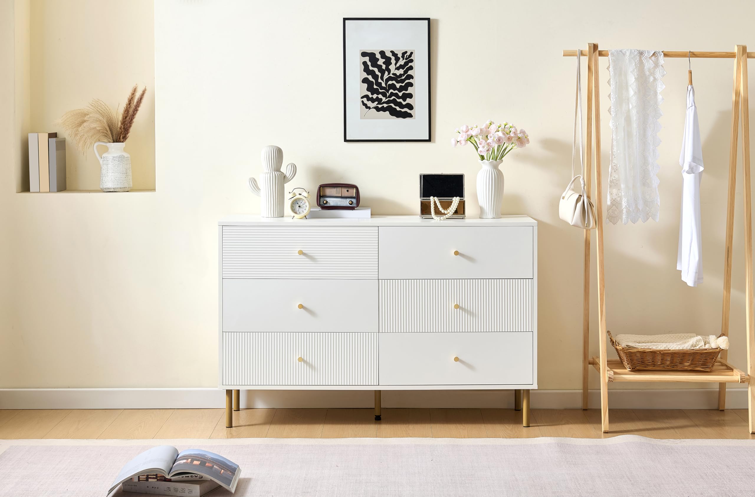 BTM Modernes 6-Schubladen-Kommode, Weiße Aufbewahrungs-Kommode mit Zinklegierung-Griffen & Stahlbeinen, 120×40×78cm MDF-Schrank für Schlafzimmer, Wohnzimmer, Eingangsbereich