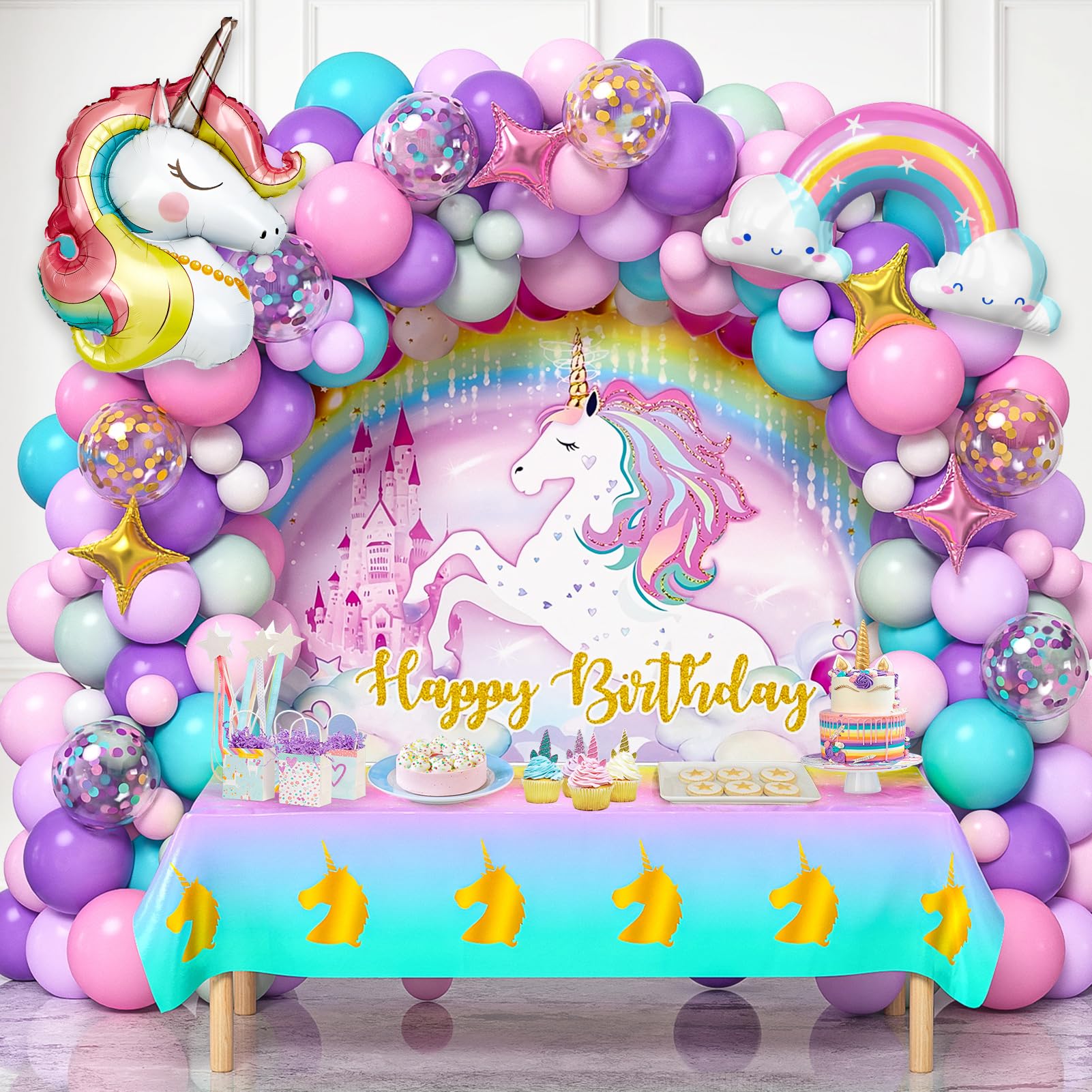 Winrayk 144Pcs Purple Unicorn Party Decorations Birthday Supplies for Girls, Purple Pink Blue Balloon Arch Kit with Backdrop Tablecloth Foil Balloons,
