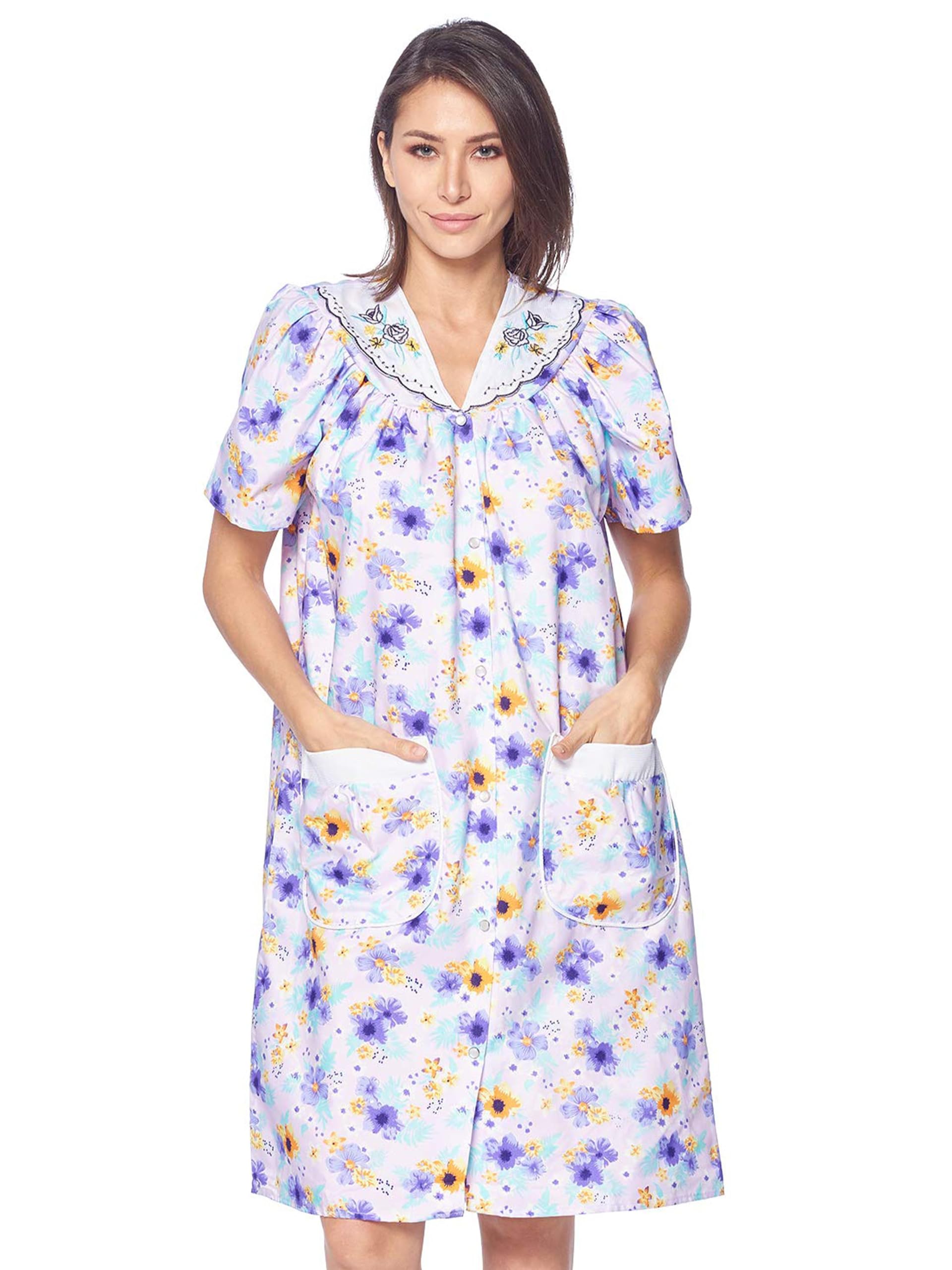 Casual Nights Women's Snap - Front House Dress Short Sleeve Woven Housecoat Duster Lounger Robe with Pockets
