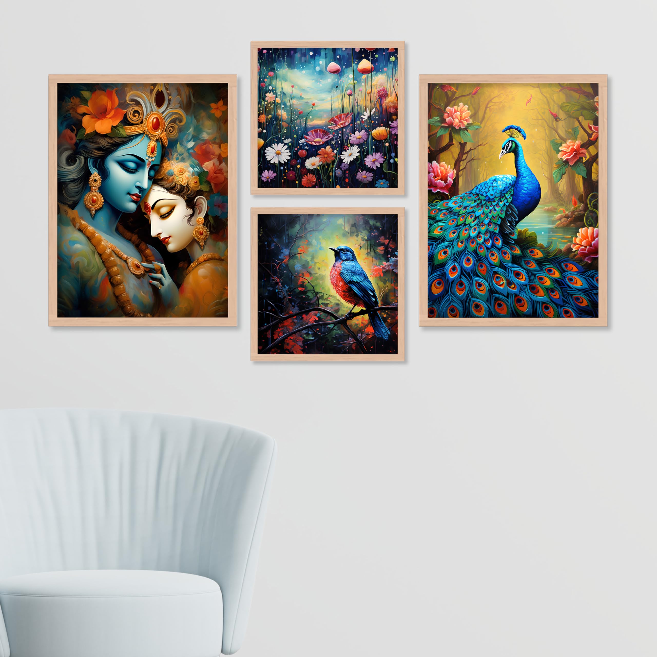 BANGERZ Radhe Krishna Framed Wall Art Paintings For Home Hotel Living Room, Paintings For Wall Decoration - Decorative Poster Frames For Bedroom Wall Decor (Set of 4) (Medium, Modern 6) 4