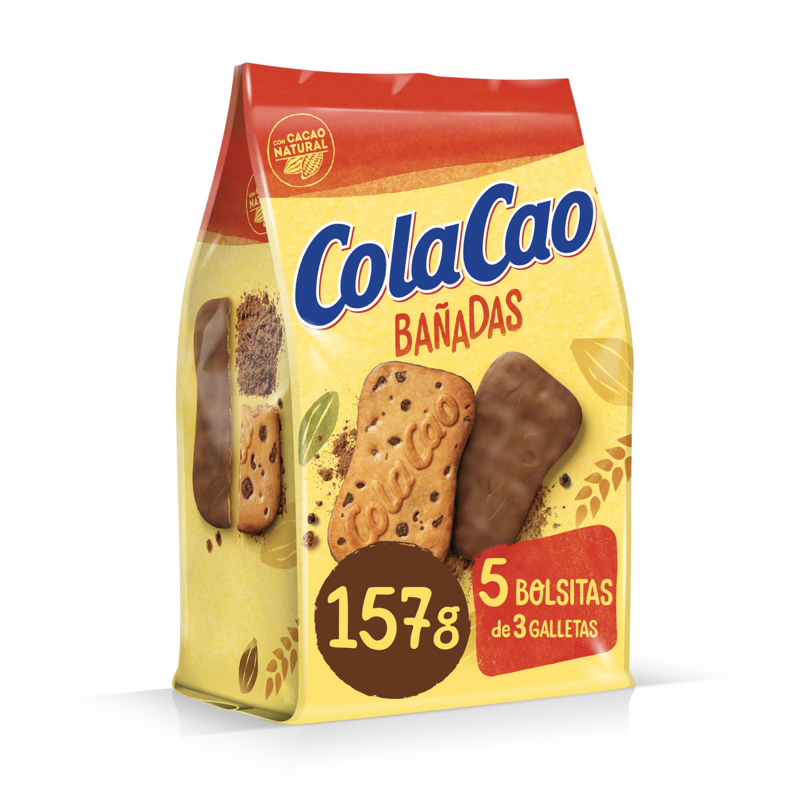 ColaCao Galleta Bañada en Cacao Natural con Pepitas de Chocolate 5 Packs 3 Unidades 157g