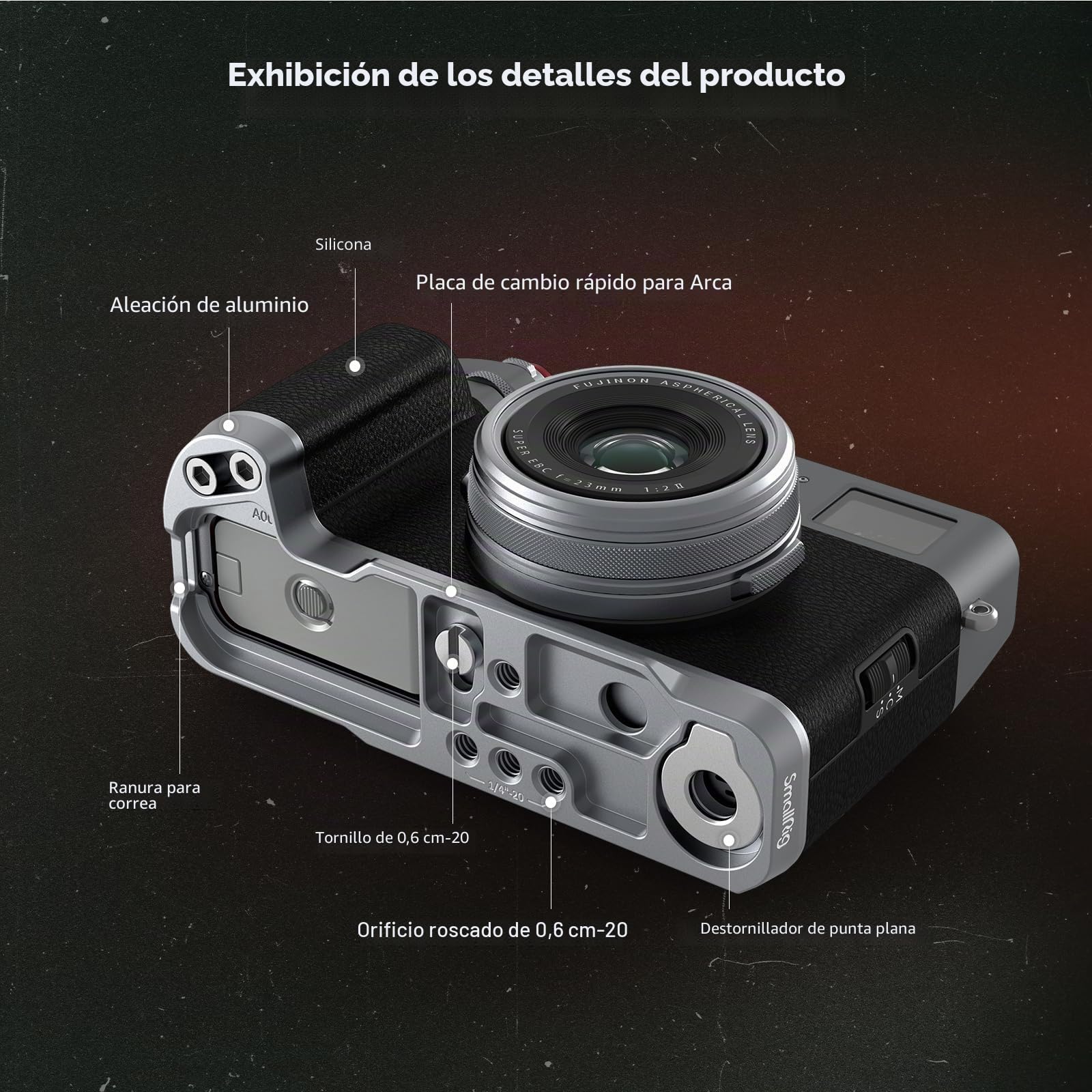 SMALLRIG X100VI Empuñadura en Forma de L para Cámaras FUJIFILM X100VI y X100V, Placa de Liberación Rápida Incorporada para Arca, Mango Lateral de Silicona Liviano, con Botón Obturador - 4555