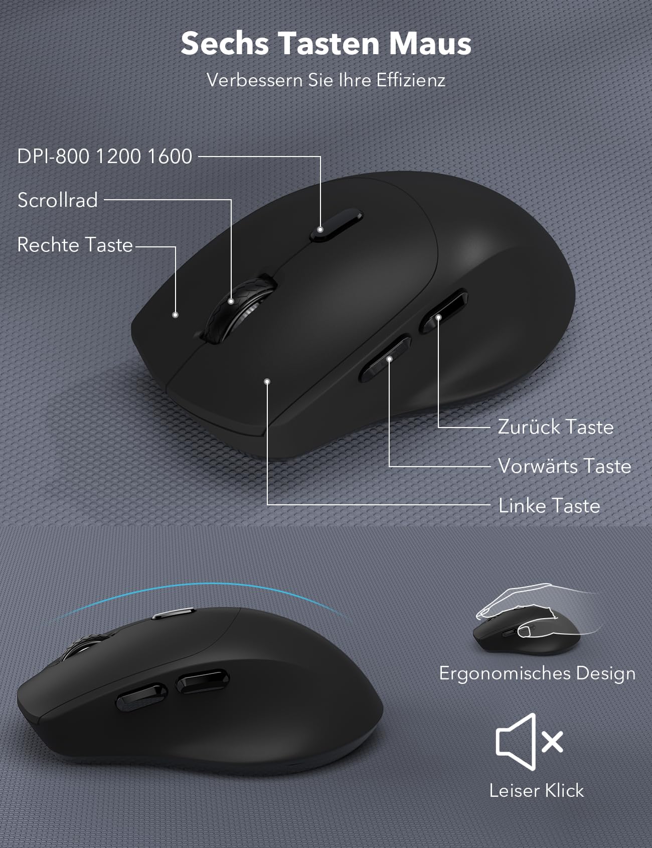 Kabelloses Tastatur Maus Set, Ergonomische Tastatur mit Handgelenkauflage, 2,4 GHz, leise, für Mac Windows Laptop PC