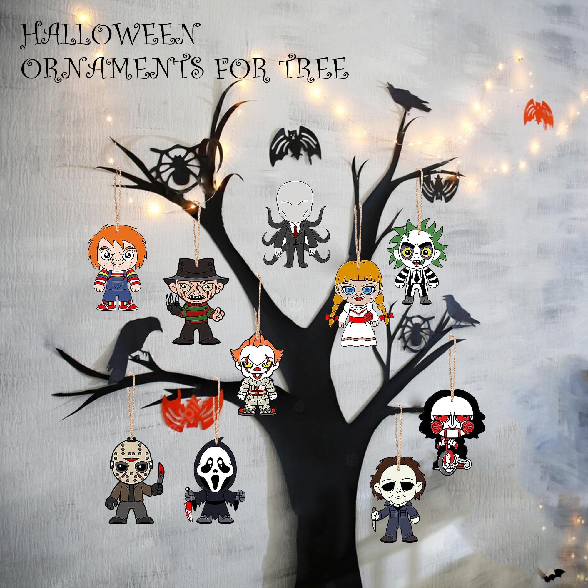 BIGSPINACH Horrory, ozdoby choinkowe, 10 sztuk, drewniane, wiszące, mini dekoracje choinkowe, ozdoby świąteczne, Halloween, dekoracja pokoju