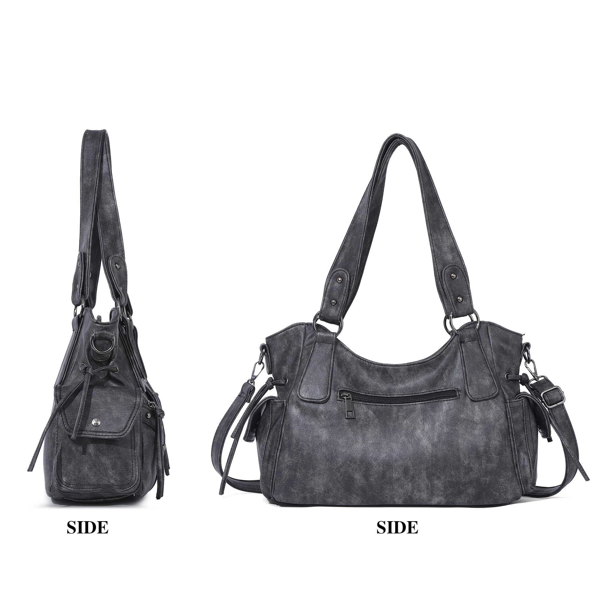 Angel Kiss Hobo Bag for Women Retro Leather Purses and Handbags Roomy Soft Ladies Satchel Bags with Crossbody Strap, Black Medium Size