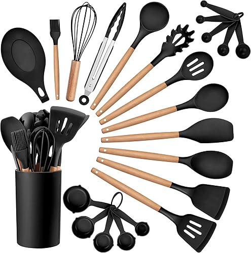 HaWare Juego de utensilios de cocina de cocina, 23 piezas de silicona con soporte, mango de madera resistente al calor, utensilios de cocina