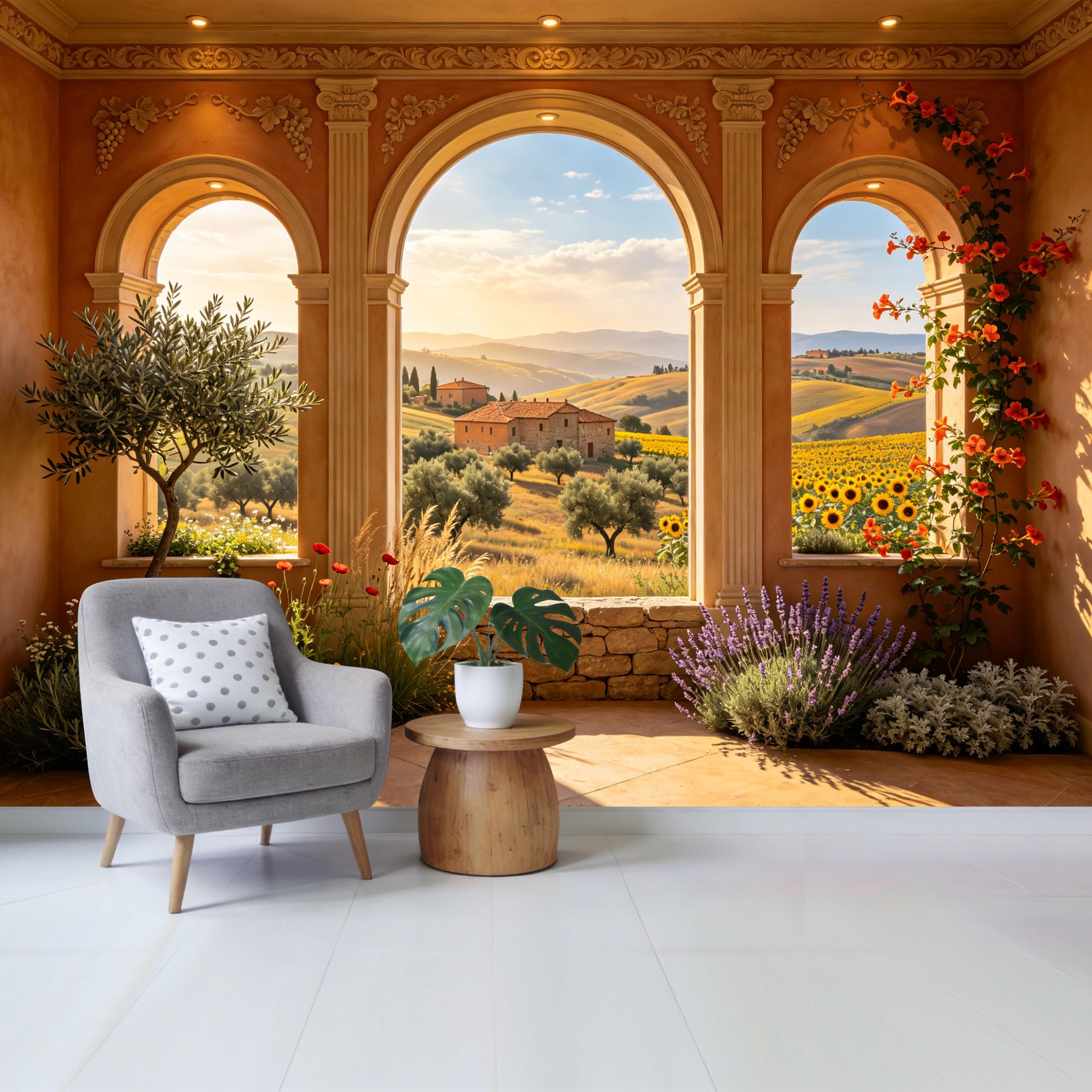 Custom Size Wall Mural Tuscan Countryside Landscape Stone Arch Window View Sunflower Field Removable Self Adhesive Fabric Home Wall Decor for Living Room Bedroom Bathroom