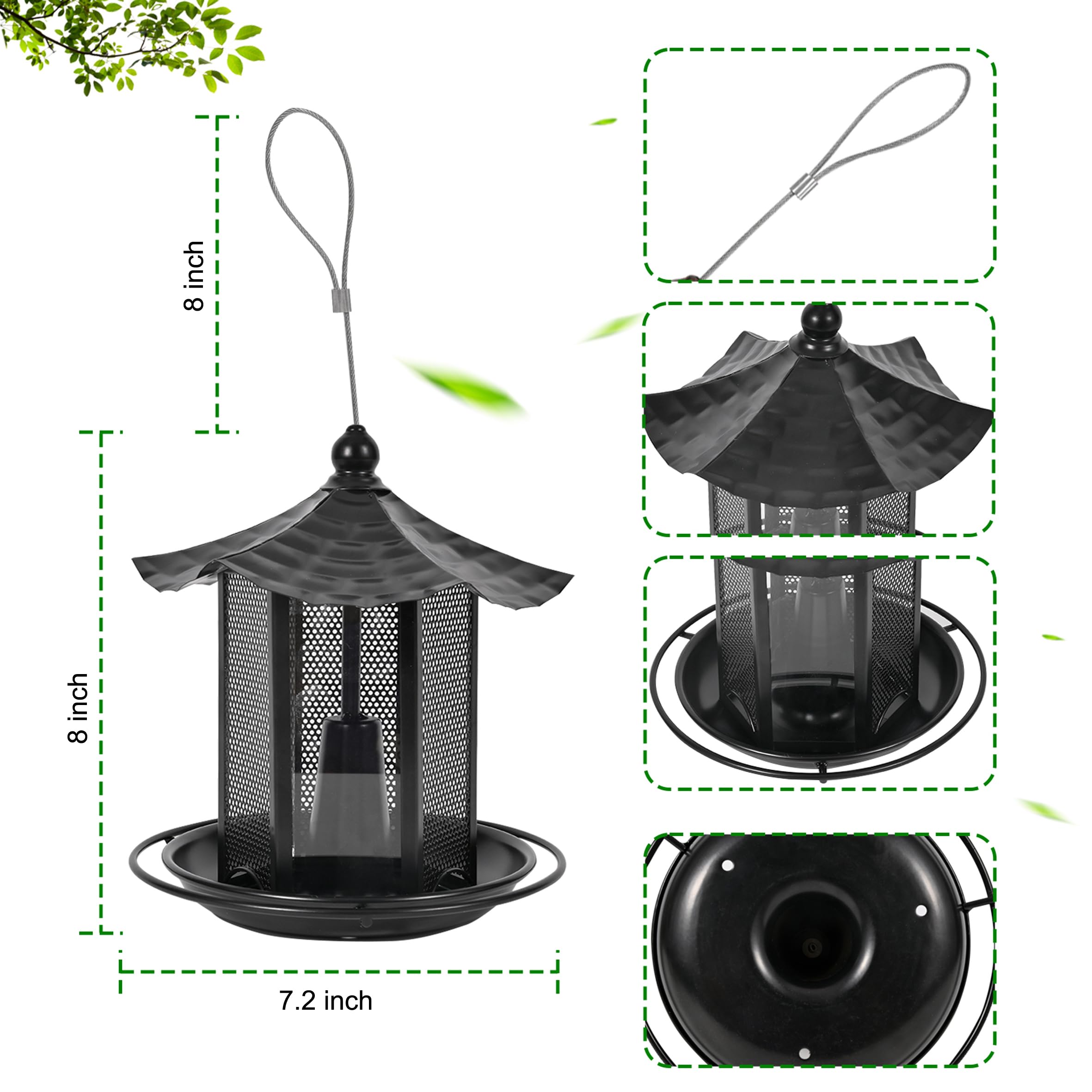 CVHOMEDECO. Mangiatoia per uccelli per esterni, da appendere, in metallo, per uccelli selvatici, decorazione esterna da giardino, cortile, a forma esagonale con tetto, nero