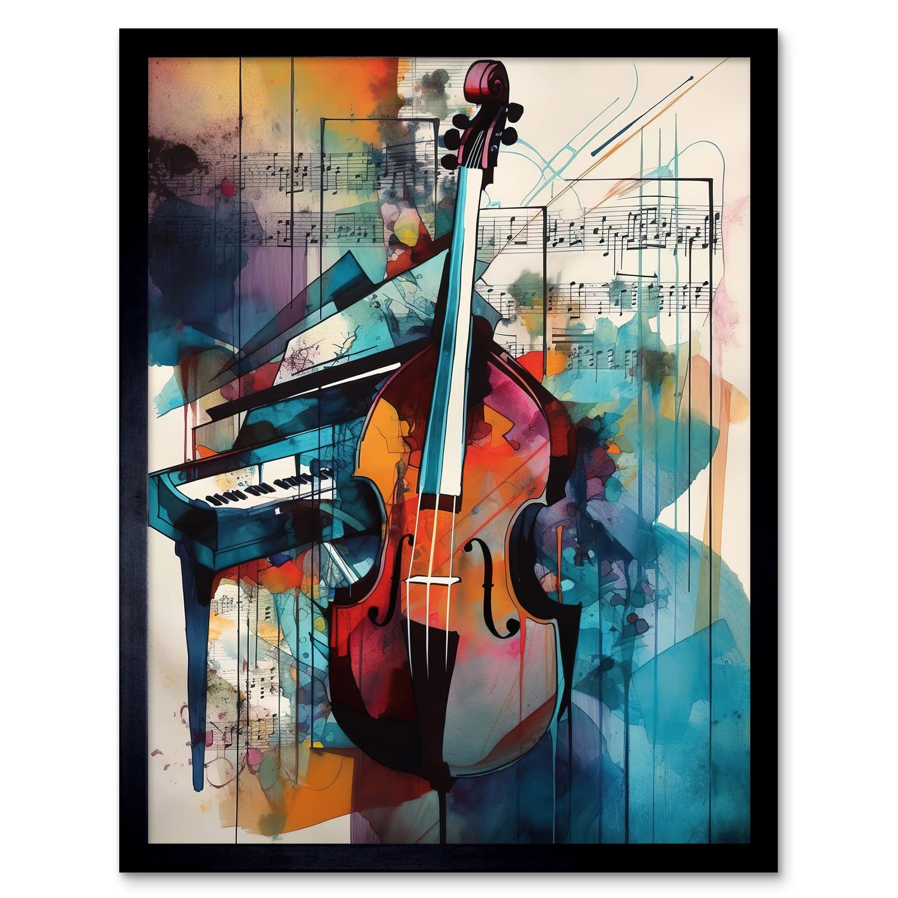Artery8 Violin and Piano Classical Music Note Melody Concerto Abstract Modern Watercolour Painting Art Print Framed Poster Wall Decor 12x16 inch