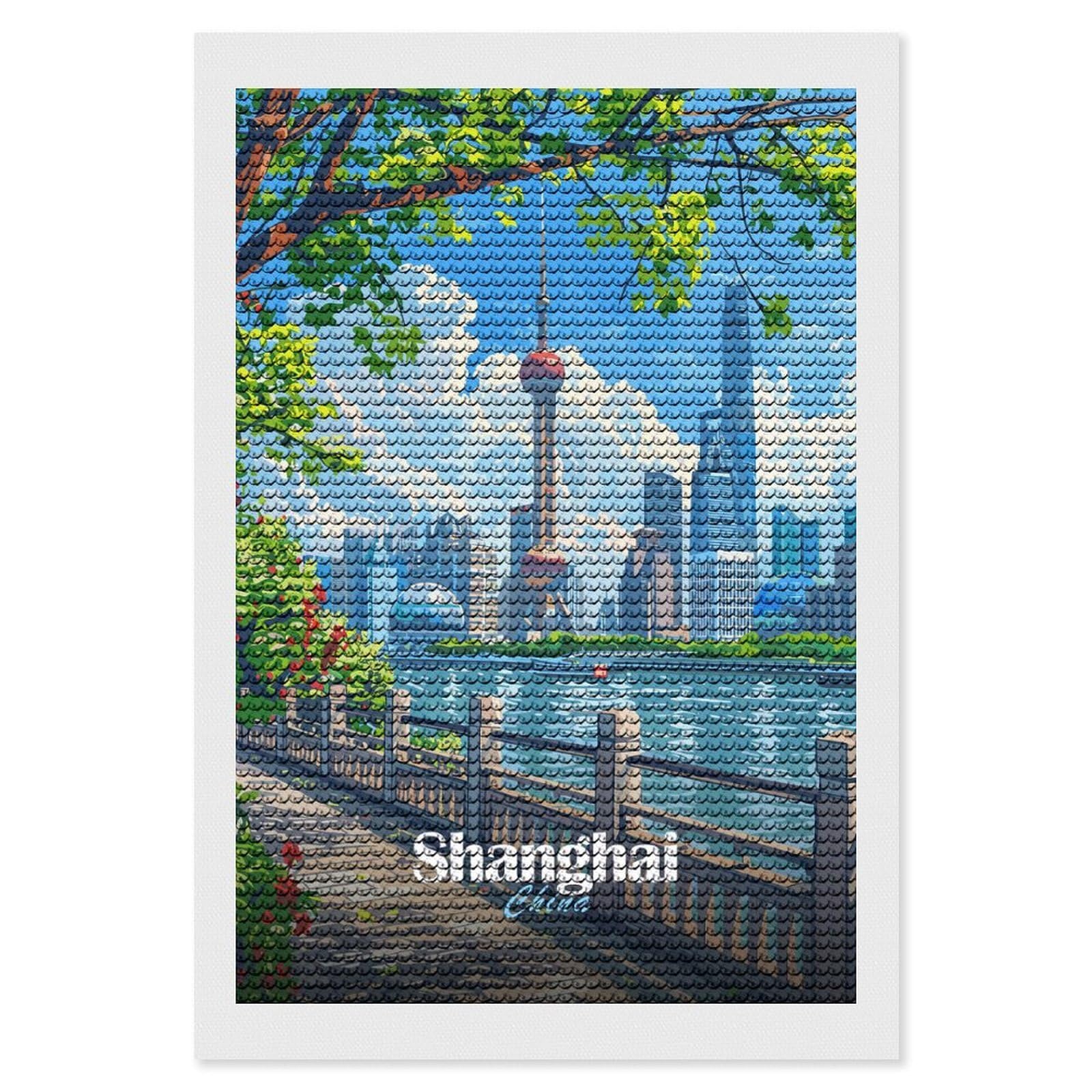 Junmoney Shanghai China Cityscape Illustration DIY Diamond Art Canvas Kit 8"x12", Pleasing Wall Art Project, Easy Handmade Project, Living Room Decor