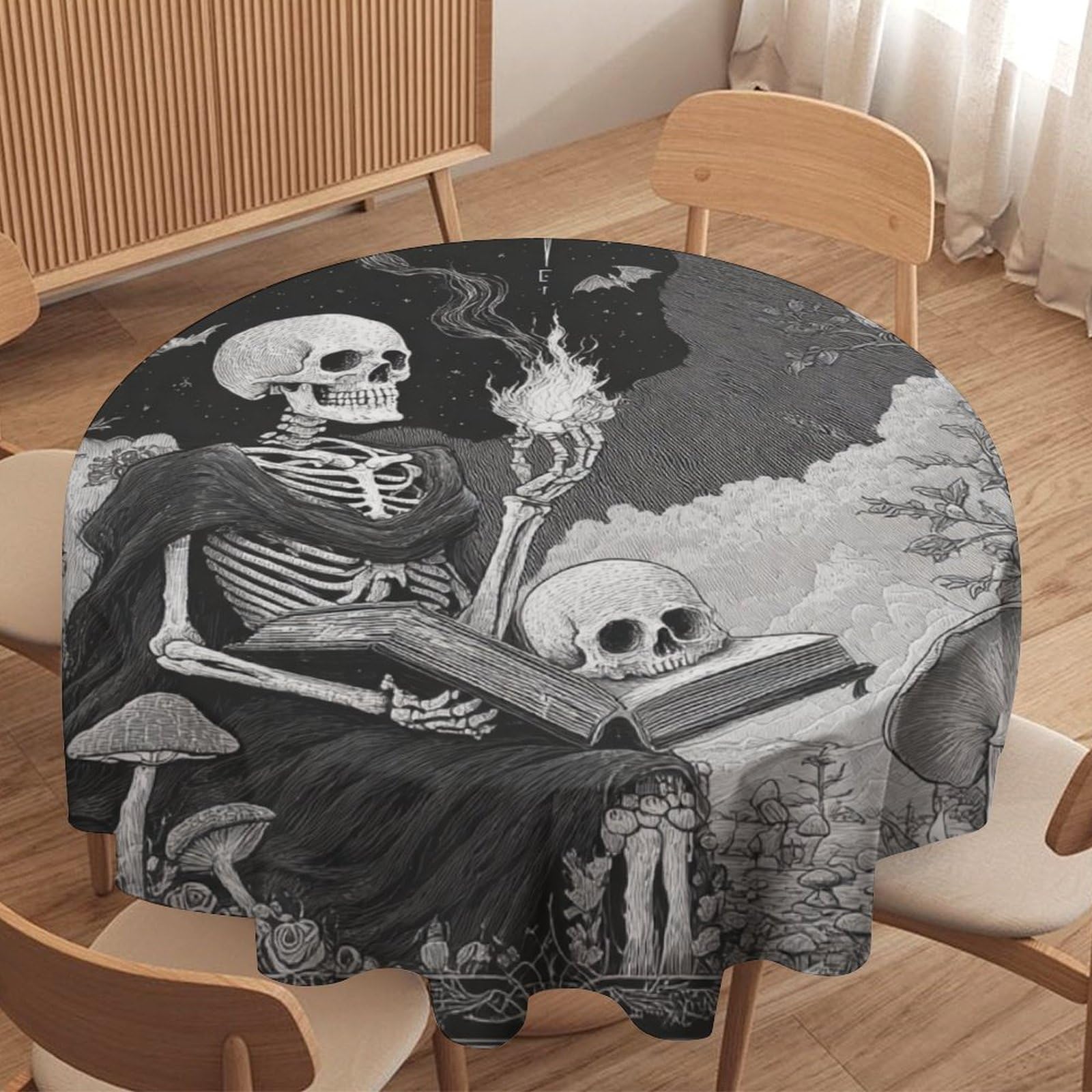 LUYYSKY Rustic Realistic Gothic Skeleton Waterproof Round Tablecloth Rustic Painting Art Halloween Animal Owl Bats Horror Skull Washable Table Cover for Kitchen-127 Wx127 L cm