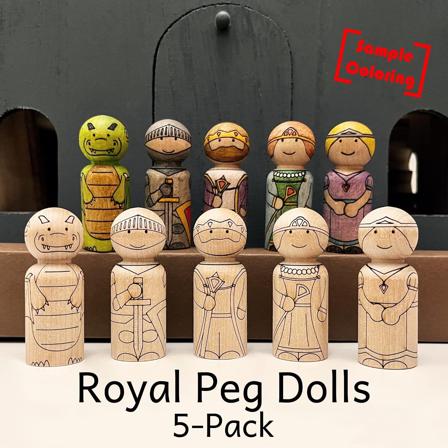 Royal Peg Doll Set - Wooden Characters - King/Queen/Princess/Knight/Dragon - DIY Wood Coloring Craft - Laser Engraved