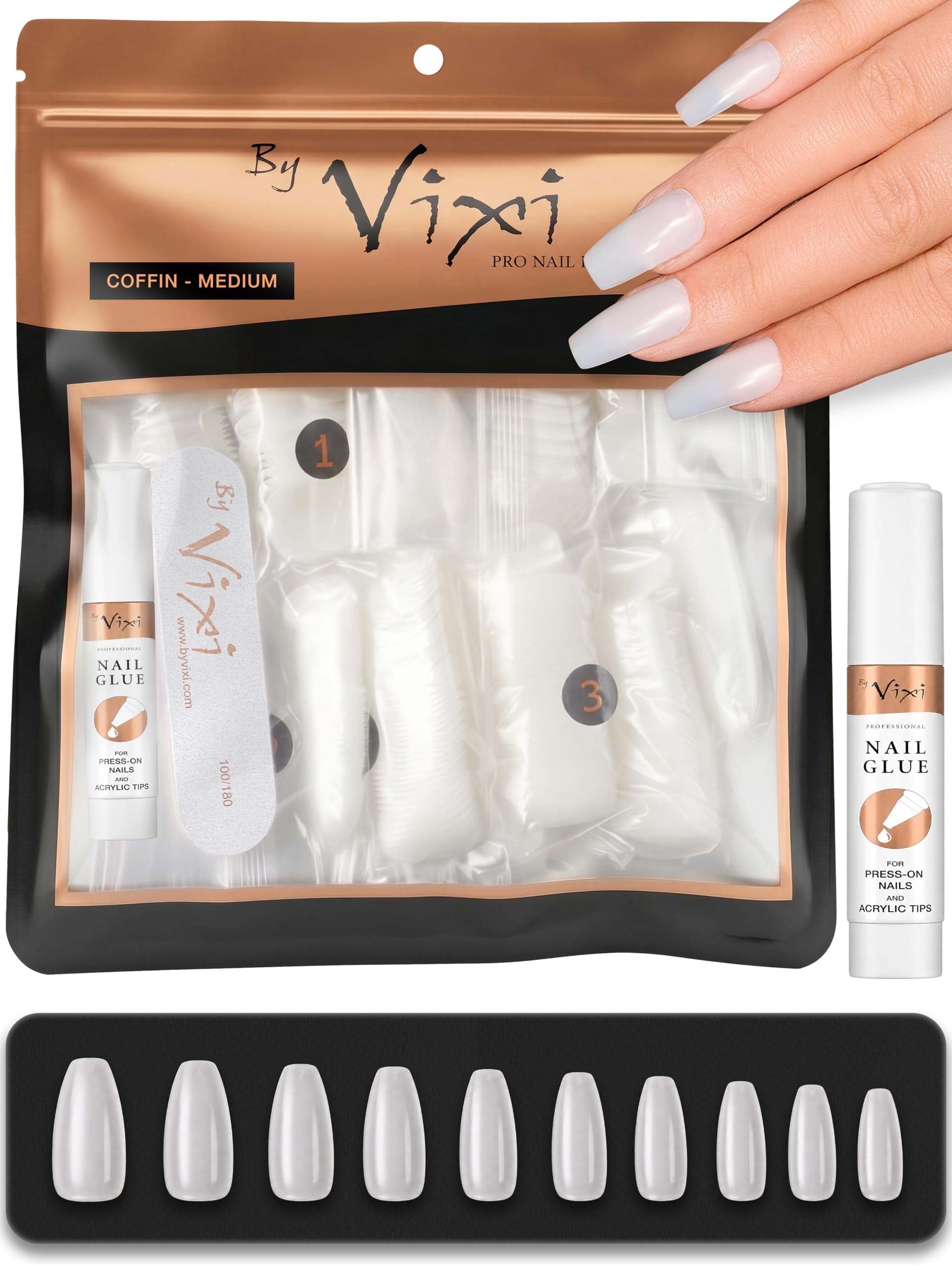 By Vixi 600 MEDIUM COFFIN/BALLERINA NAIL SET with PREP FILE, 12 Sizes - Opaque Express Full Cover False Fingernail Extensions for Salon Professionals & Home Use