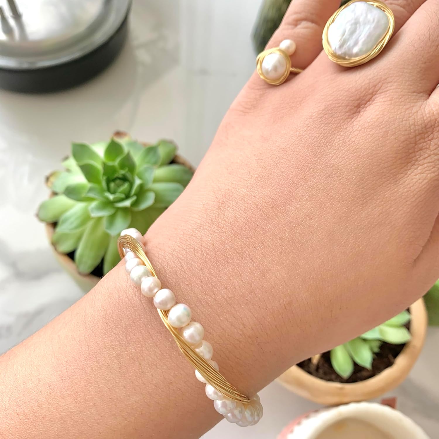 Handcrafted Natural Freshwater Baroque Pearl Bracelet,Winding Design,Opening Adjustable,14k Gold Plated Material - Image 6