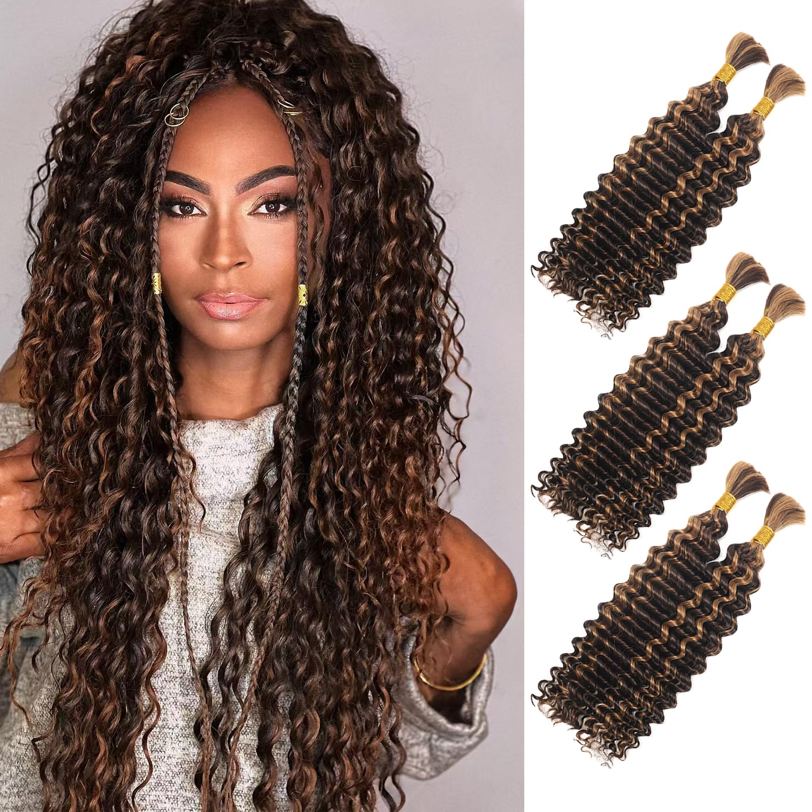 LPARMJIT Deep Wave Bulk hair for Braiding 18 inch 2 Bundles/Pack No Weft for Braiding Wavy Synthetic Braiding Hair Extensions for Boho Braids (P4/30