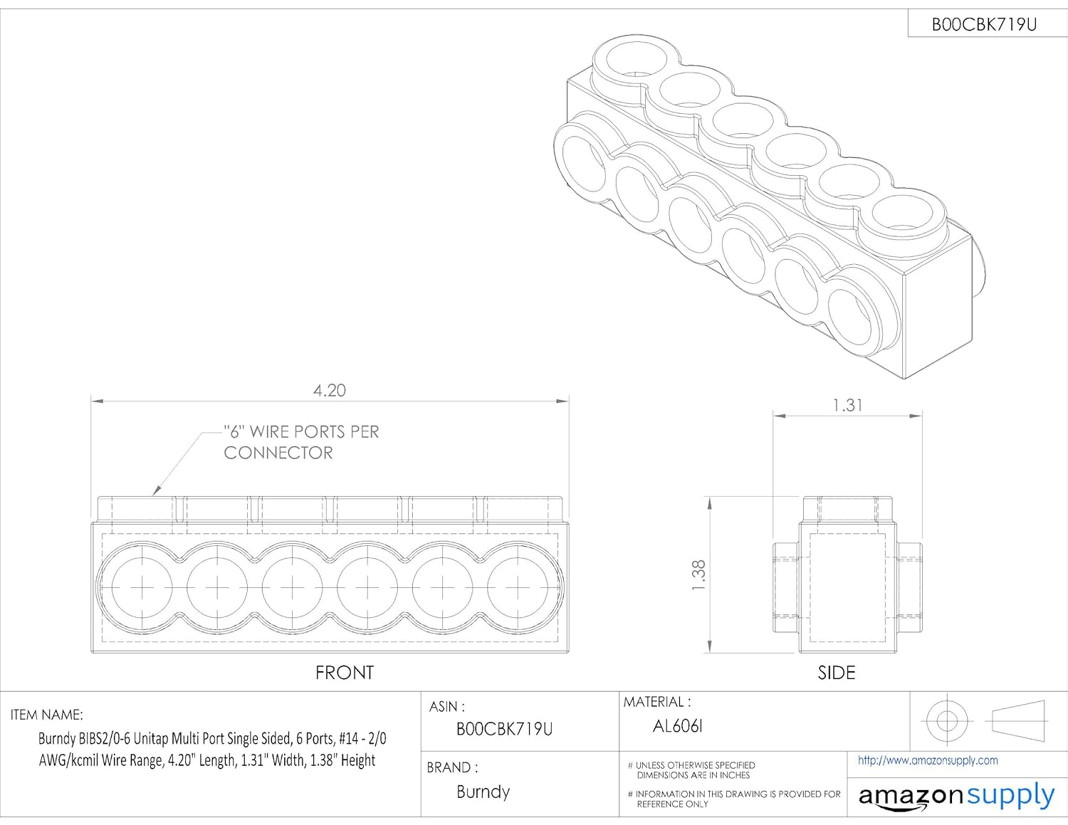 Burndy BIBS2/0-6 Unitap Multi Port Single Sided, 6 Ports, #14-2/0 AWG/kcmil Wire Range, 4.20" Length, 1.31" Width, 1.38" Height