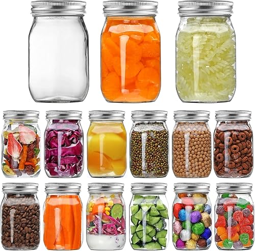 Miniatura 9 de Tarros de vidrio de boca regular, tarros de vidrio transparente de 16 onzas con tapas de metal plateado para sellar, tarros de conservas para