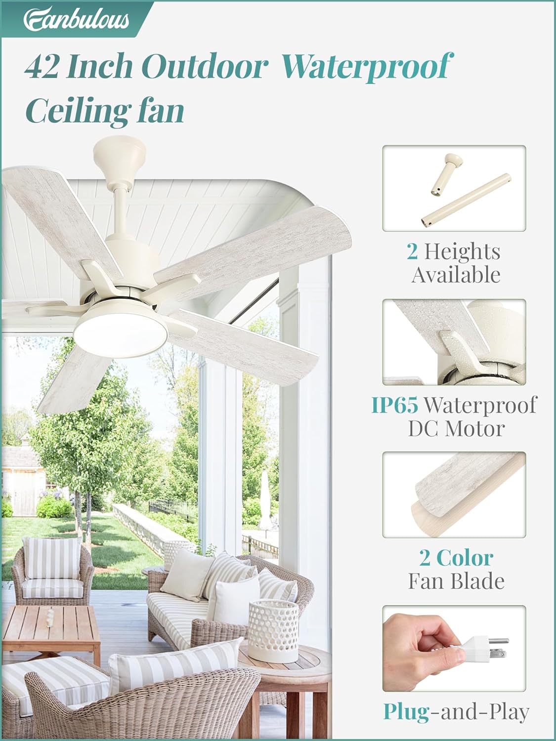 Fanbulous 42" Outdoor Ceiling Fans with Light for Patios, IP65 Waterproof Gazebo Fan, Plug in Ceiling Fan with Remote, 3CCT 6-Speed White Ceiling Fan with Hanging Hook for Porch, Pergola,Canopy