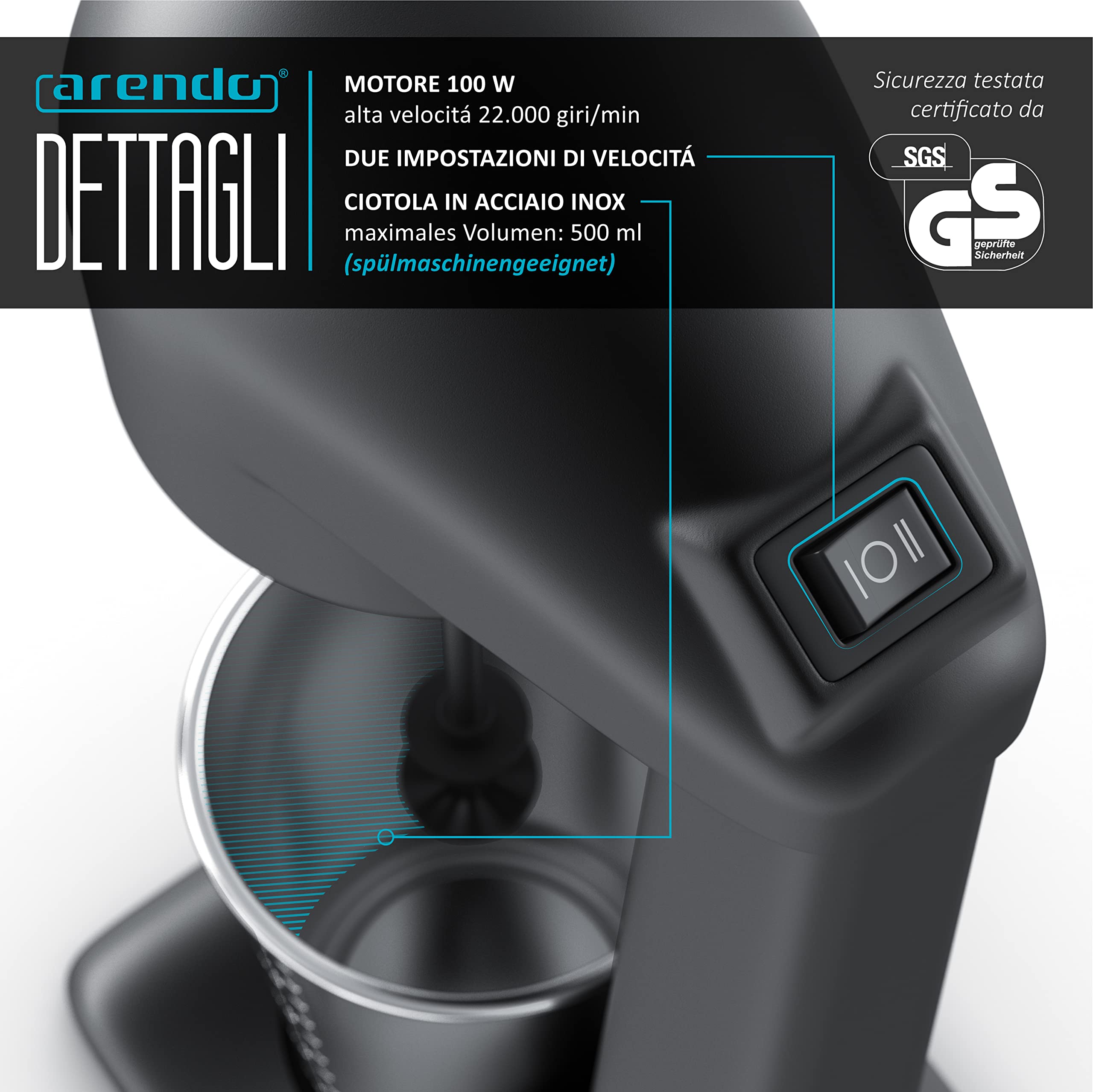 arendo - Frullatore per Bevande - Drink Mixer - Brocca da 500 ml - 100 W - 22.000 Giri min - 2 regolazioni di velocità - Smoothies Milkshake Cocktail