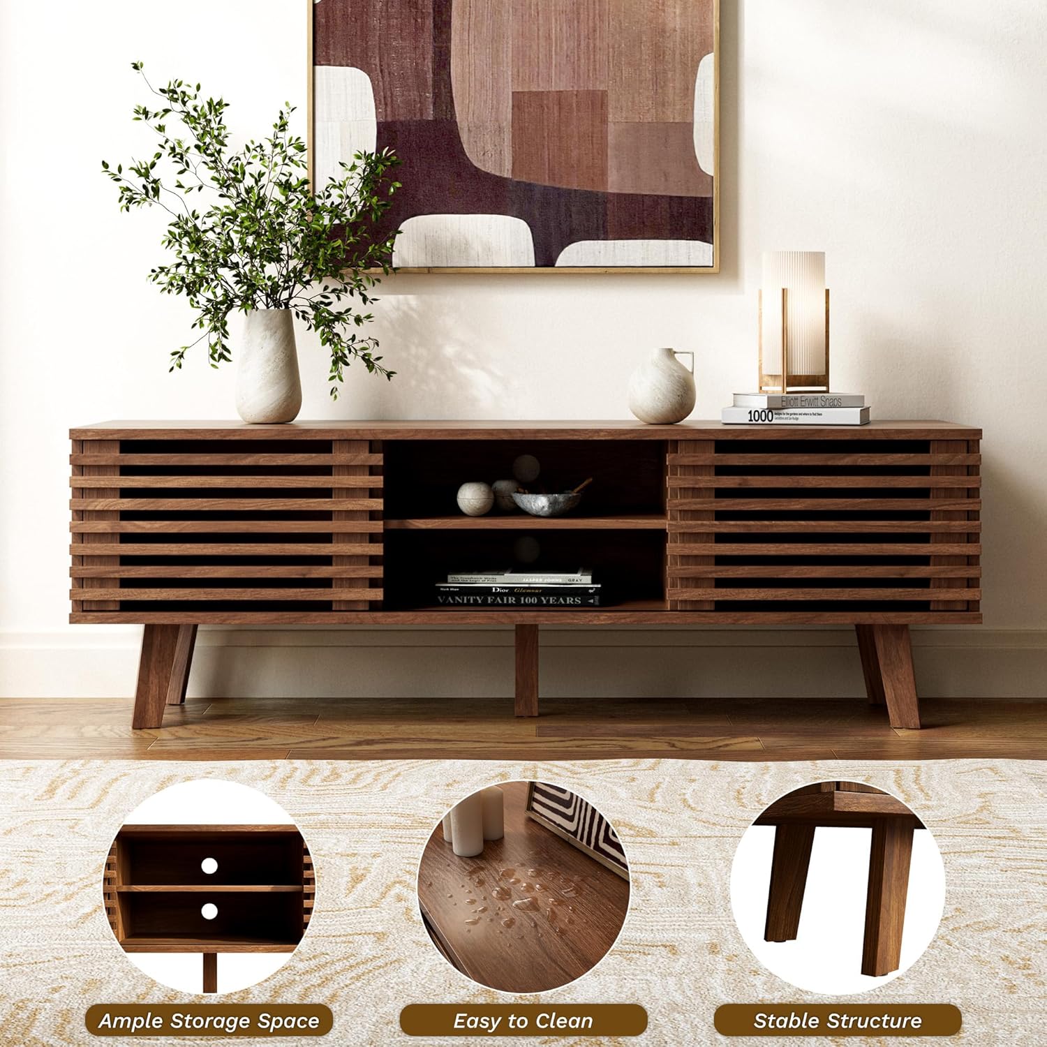 Mid Century Modern TV Stand for 50/55/60 inch TV, Entertainment Center with Storage & Sliding Door, Wood Media Console, TV Stand for Living Room, Bedroom, Walnut - Image 4