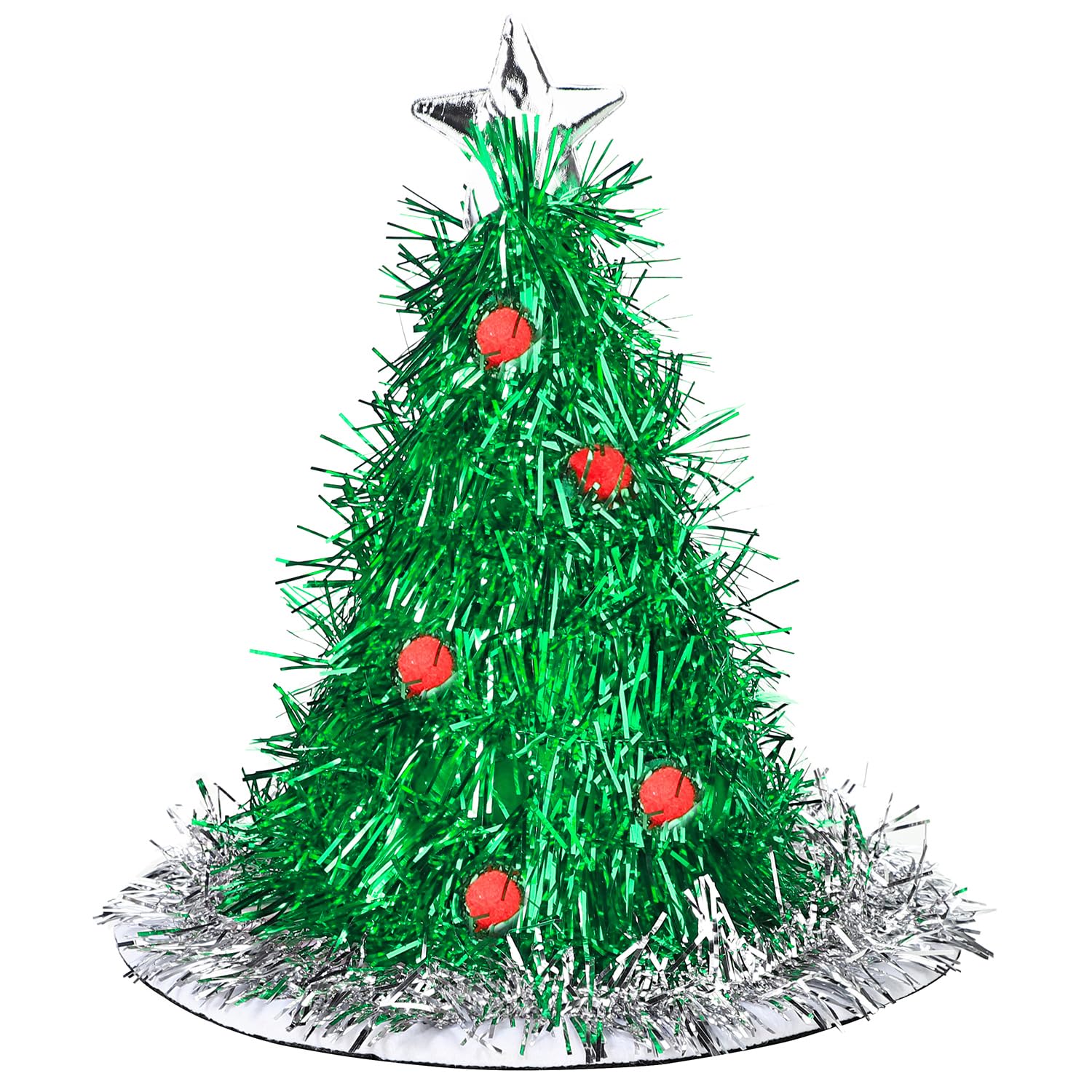 Adult Novelty Christmas Tree Hat with Tinsel and Star Christmas Holiday Sparkly Santa Hat Fancy Dress Party Headwear Topper Table Ornament Decor Party Dress Up Costume Cap for Cosplay Night Out - Image 3