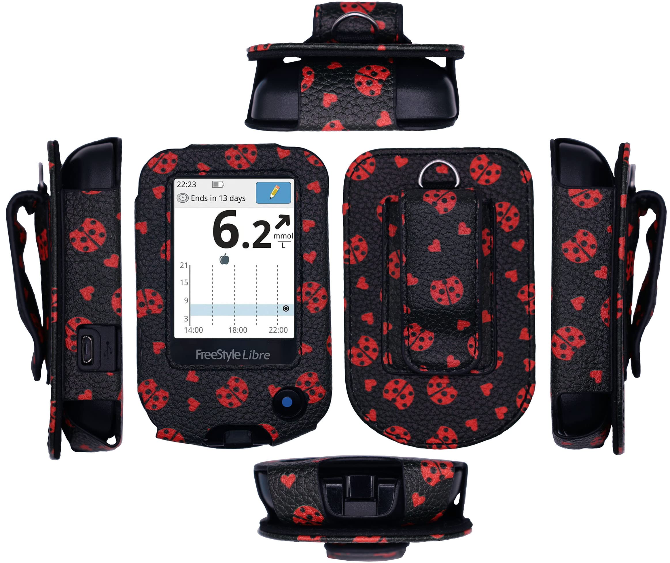 Premium Fitted Leather Case with Screen Protector, Belt Clip, Carabiner & Neck Lanyard for Freestyle Libre 2/14 Day/HD (Black/Lady Bug)