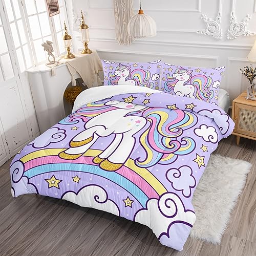 Miniatura 3 de Axolotl Juego de ropa de cama de unicornio arcoíris tamaño matrimonial juego de edredón de unicornio morado con nube de estrellas para niñas 1