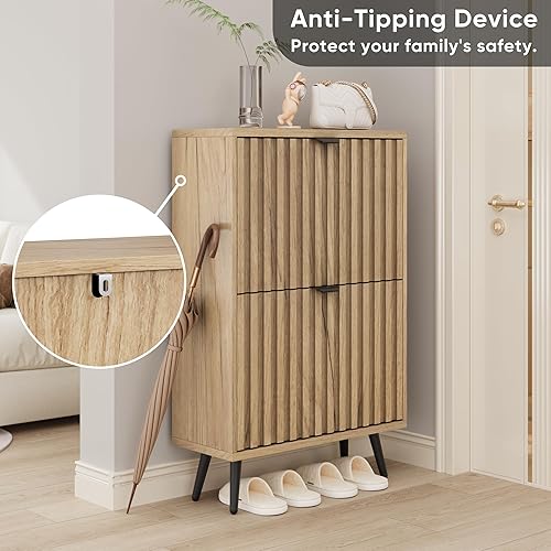 Miniatura 6 de Smuxee Armario de zapatos con 2 cajones abatibles, gabinete de almacenamiento de zapatos oculto natural de 23.6 pulgadas con diseño estriado,