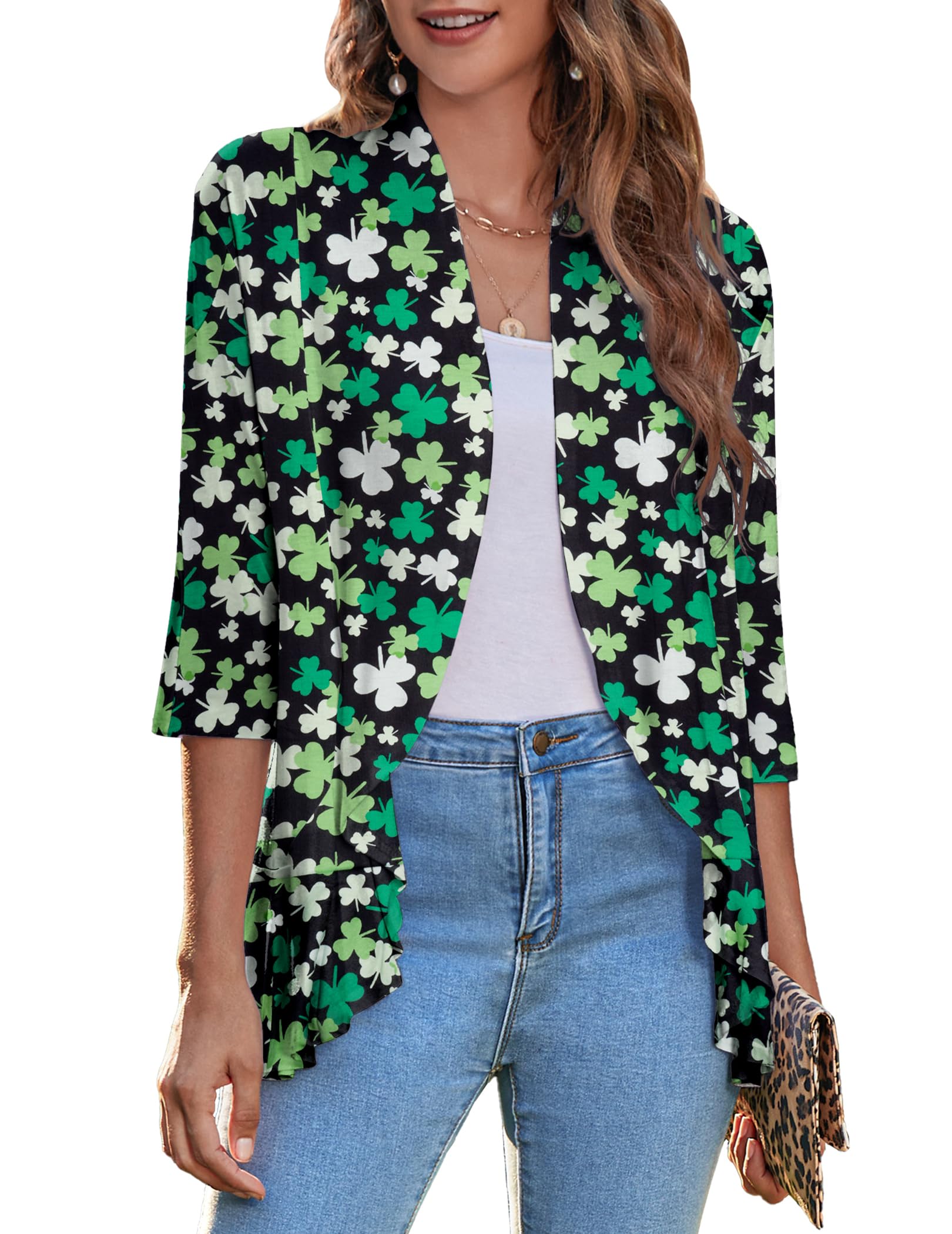 Zeagoo Women's Open Front Cardigan 2026 Spring Summer Lightweight 3/4 Sleeve Draped Ruffles Cardigans S-3XL