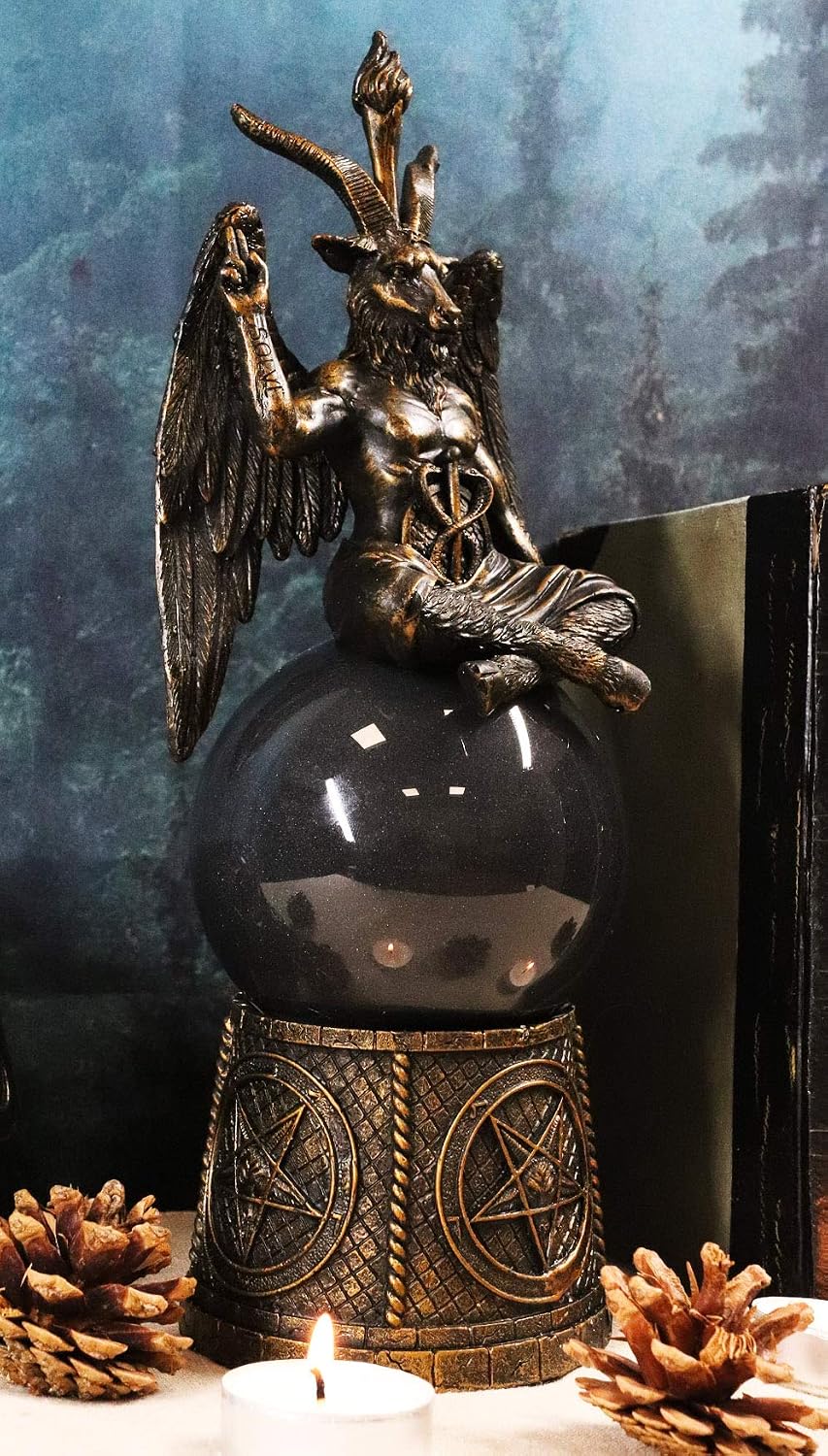 Ebros Sabbatic Goat of Mendes Samael Lilith Baphomet Sitting On Black Sandstorm Gazing Ball with Pentagram Sigils Decorative Statue 12" Tall LaVeyan Scrying Balls Accent