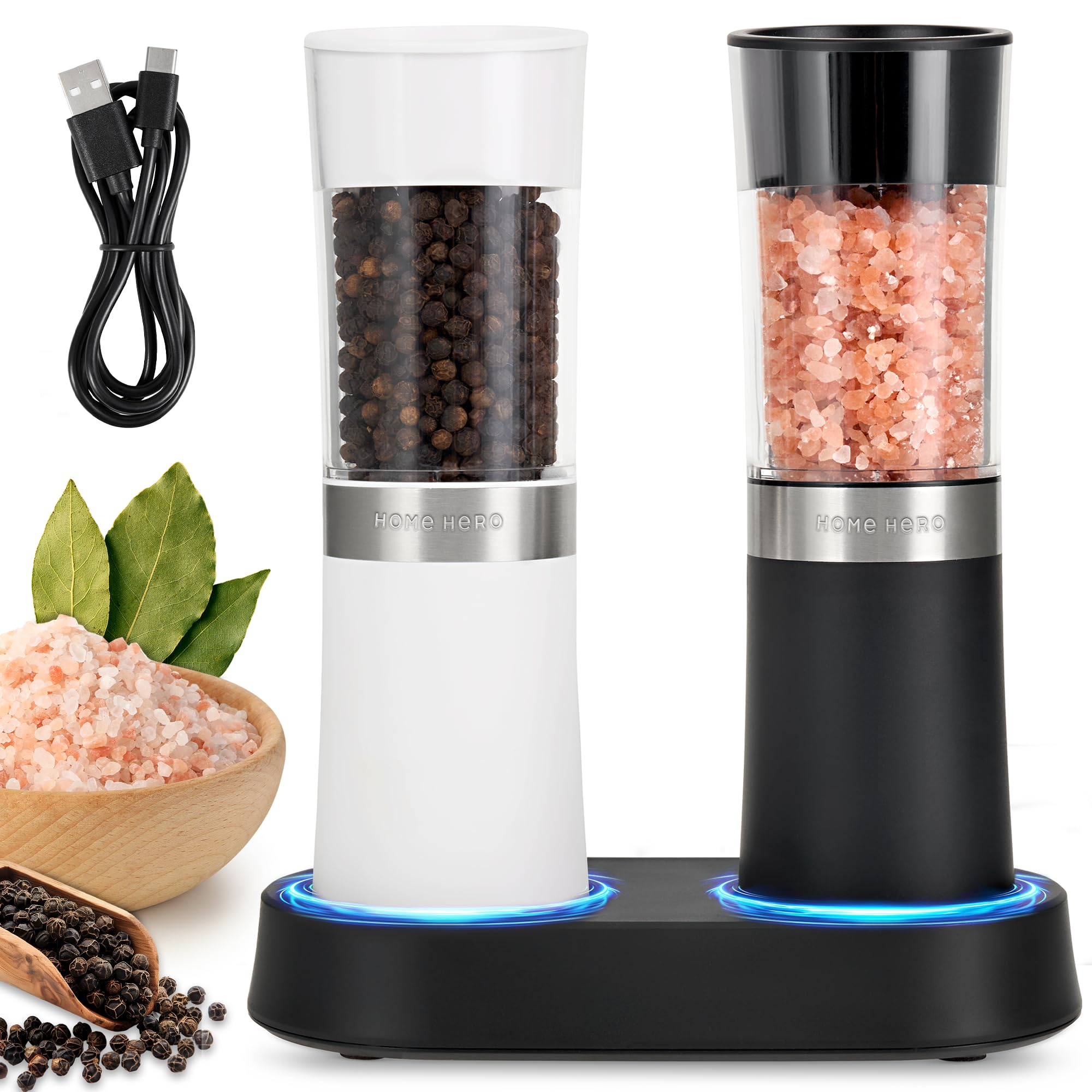Electric Salt And Pepper Grinder Set Home Hero Automatic Salt & Pepper Grinders - USB Rechargeable With LED Light Salt And Pepper Grinder Set Rechargeable