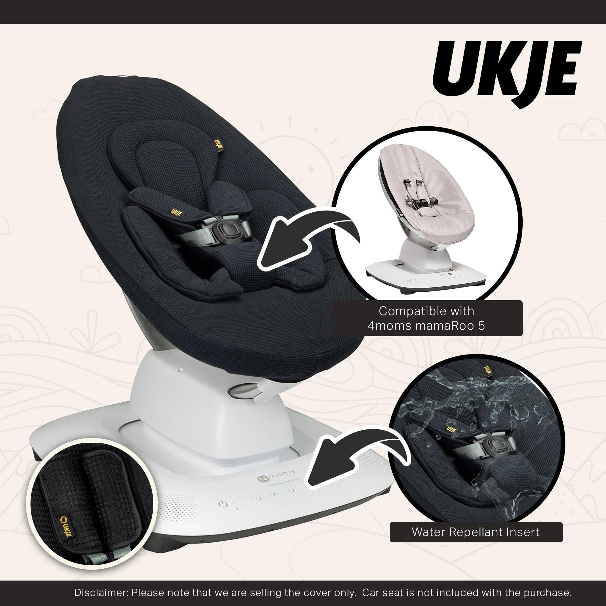 UKJE Inserto per Altalena Neonato Compatibile con mamaRoo 5 e RockaRoo | Rivestimento Morbido Reversibile | Facile da Installare e Lavare | Accessori per Sdraietta e Baby Bouncer, Nero