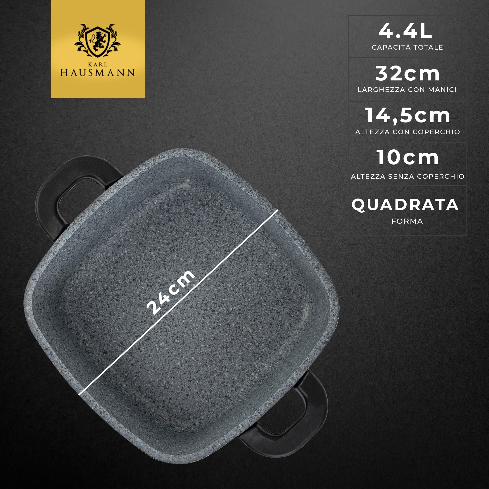 KARL HAUSMANN Pentola Antiaderenti 24 cm 4,4L con Coperchio - Quadrata Casseruola Induzione Antiaderente GREBLON C3, Tegame in Alluminio Pressofuso per Carne e Brasati, Forno, Manici Silicone