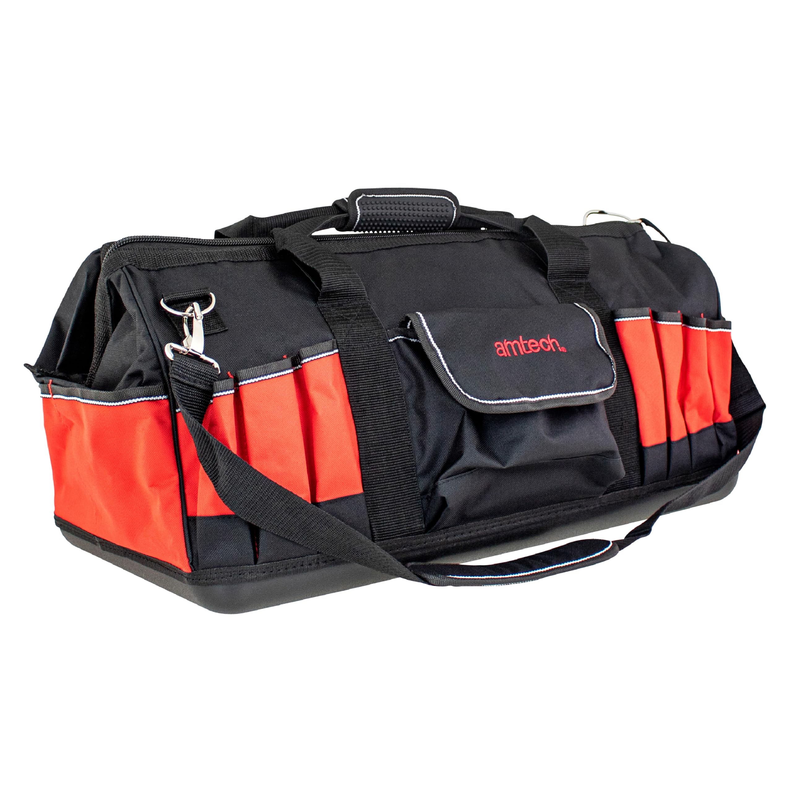 Amtech - Tool Bag, Heavy Duty Large Tool Storage with Reinforced Hard Base, for Home DIYers, Electricians, Technicians, Plumbers, and More, Non-Slip Grip, Adjustable Strap (600mm)