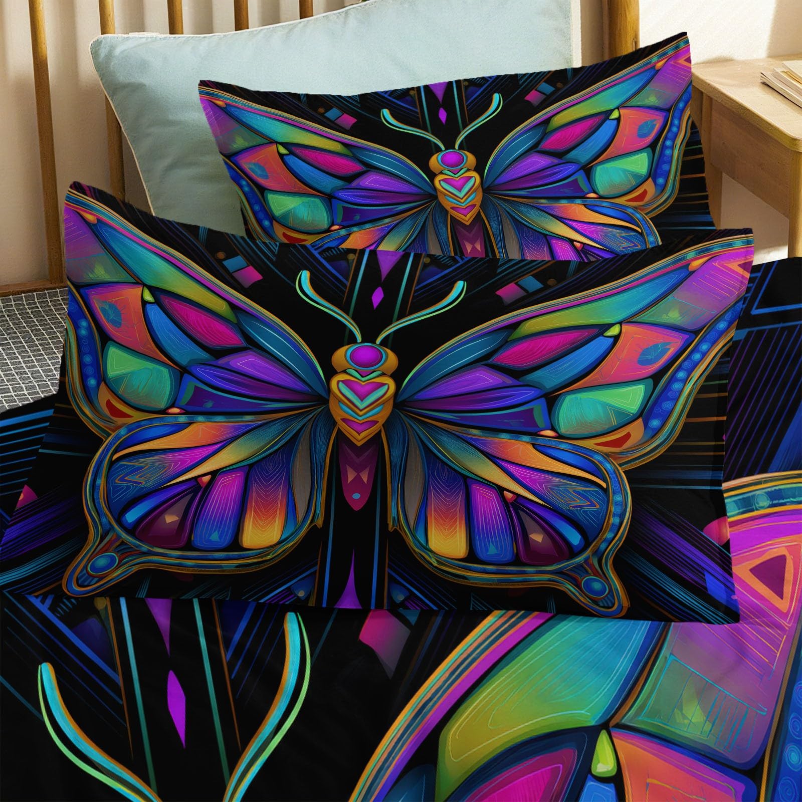Abstrakcyjny zestaw poszewek na kołdrę motyl skrzydła tęcza szczotkowana mikrofibra puszysty, miękki komplet pościeli na kołdrę 180 x 220 cm, z oddychającymi poszewkami na poduszki z zamkiem