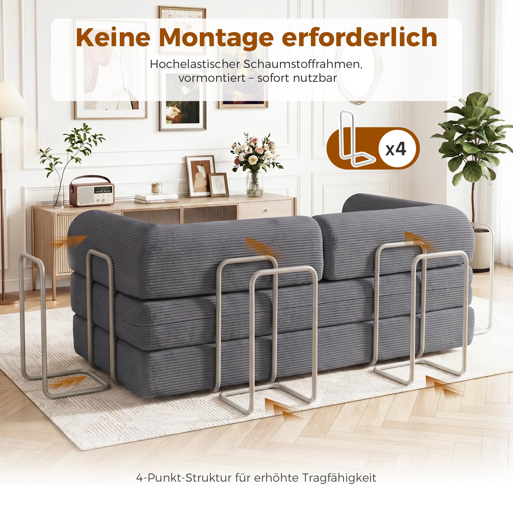 GRAVFORCE Schlafsofa – faltbares Bodensofa Bed mit Metallrahmen - Schlafsofa Klappbar 158cm breit - Compressed Sofa ohne Beine modulares Sofa Cord für Wohnzimmer Schlafzimmer Grau