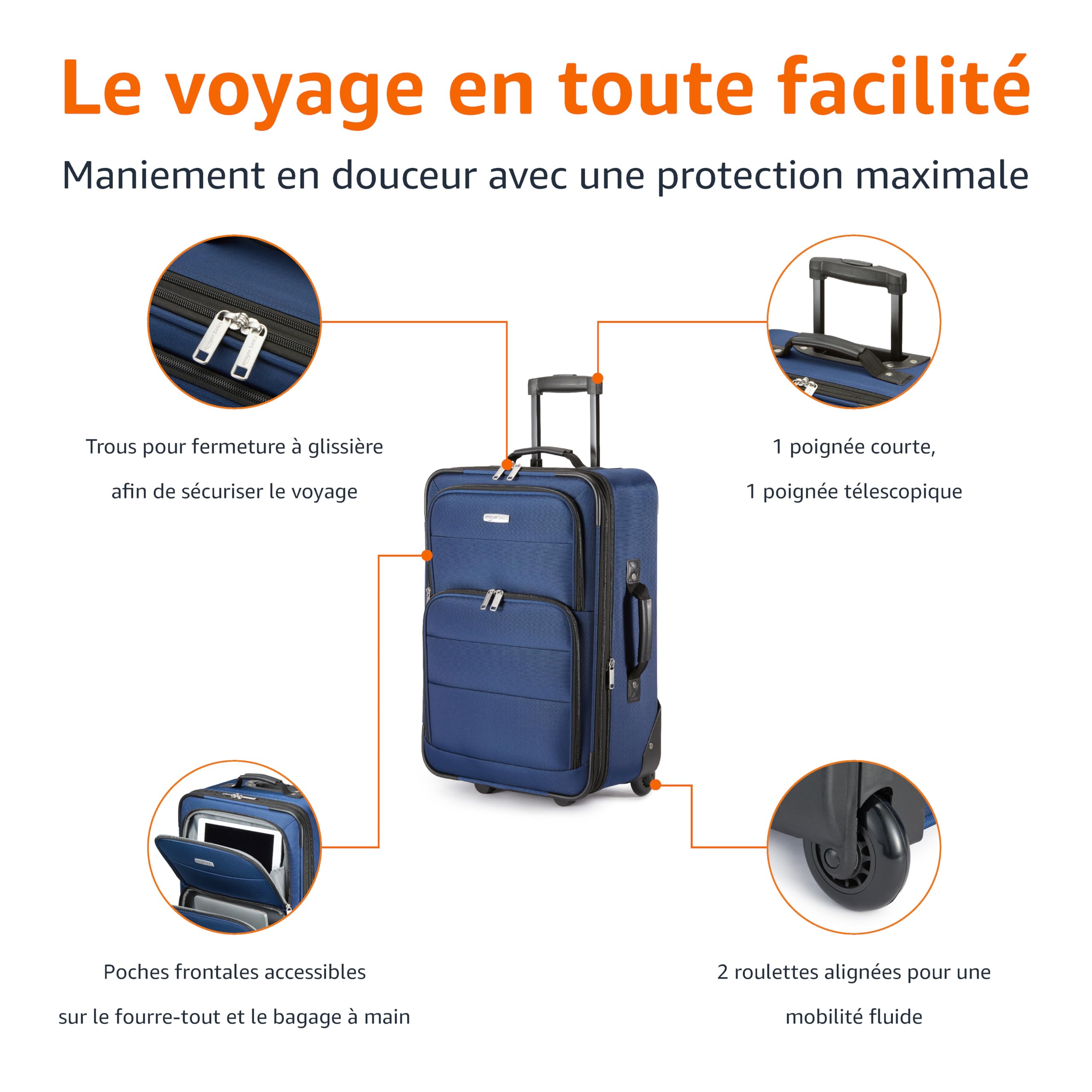 Amazon Basics Lot de 2 Valises Souples Extensibles (58 cm) et Sac Fourre-Tout (25 cm), Légers, 100% Polyester, Ensemble de Bagages Empilables, Bleu Marine