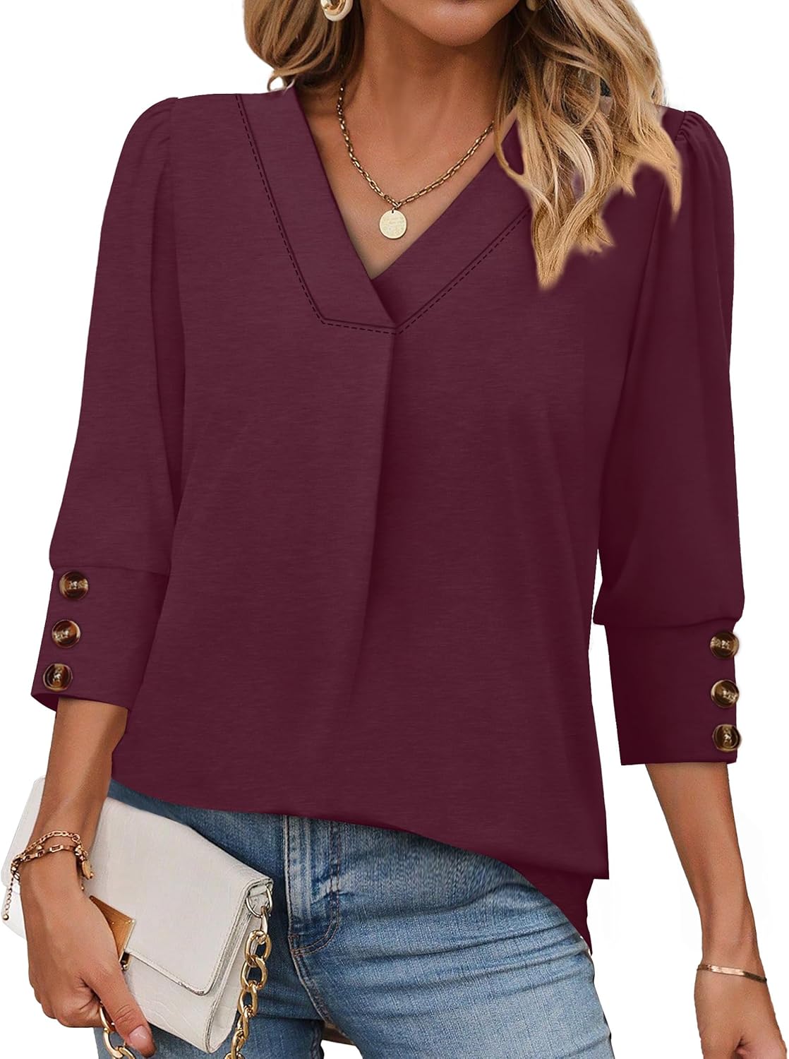 OFEEFAN Womens 3/4 Sleeve Tops with Buttons V Neck Summer Outfits Dressy Casual Blouses for Women Fashion Clothes - Image 2
